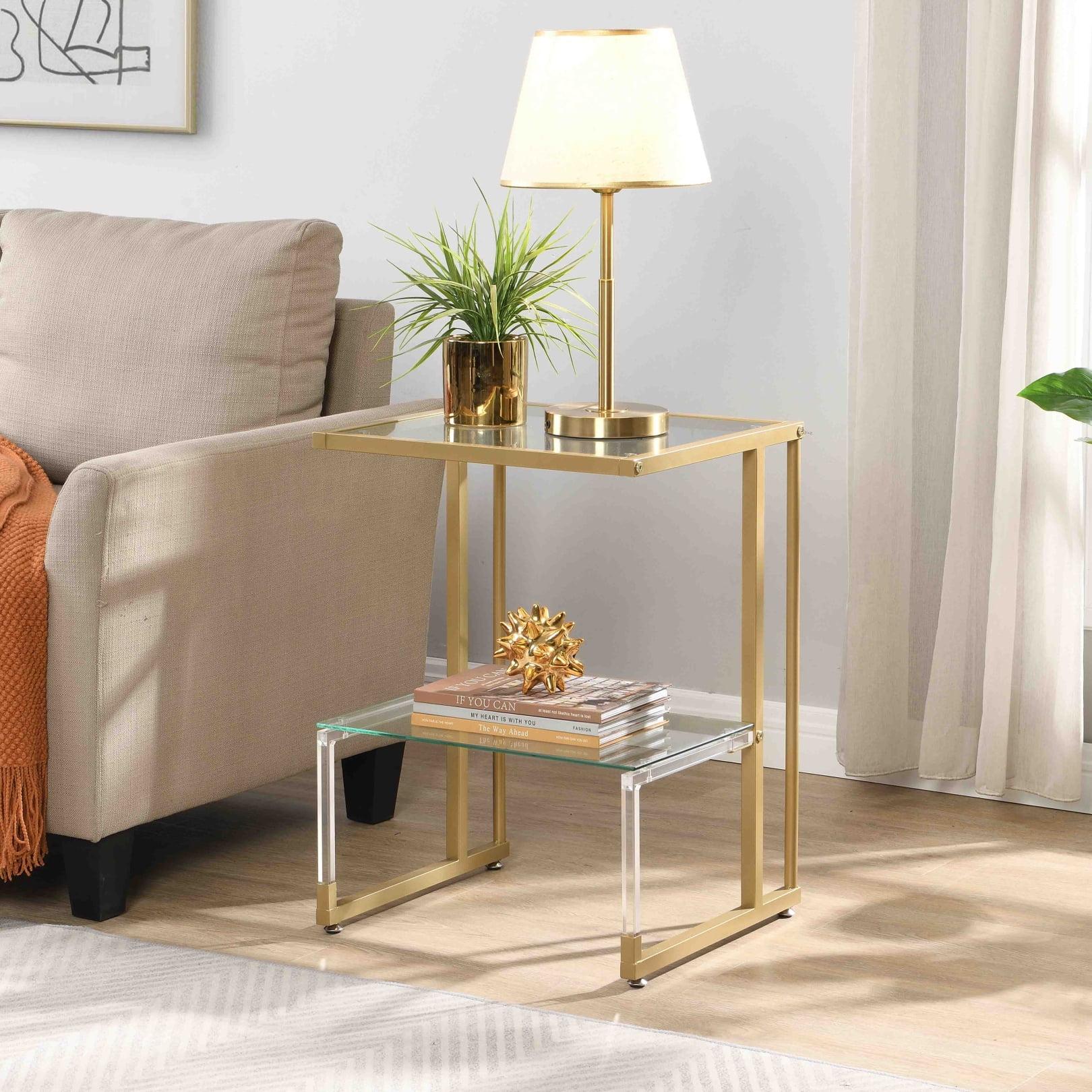 Gold Metal and Glass 2-Tier Side Table with Acrylic Accents