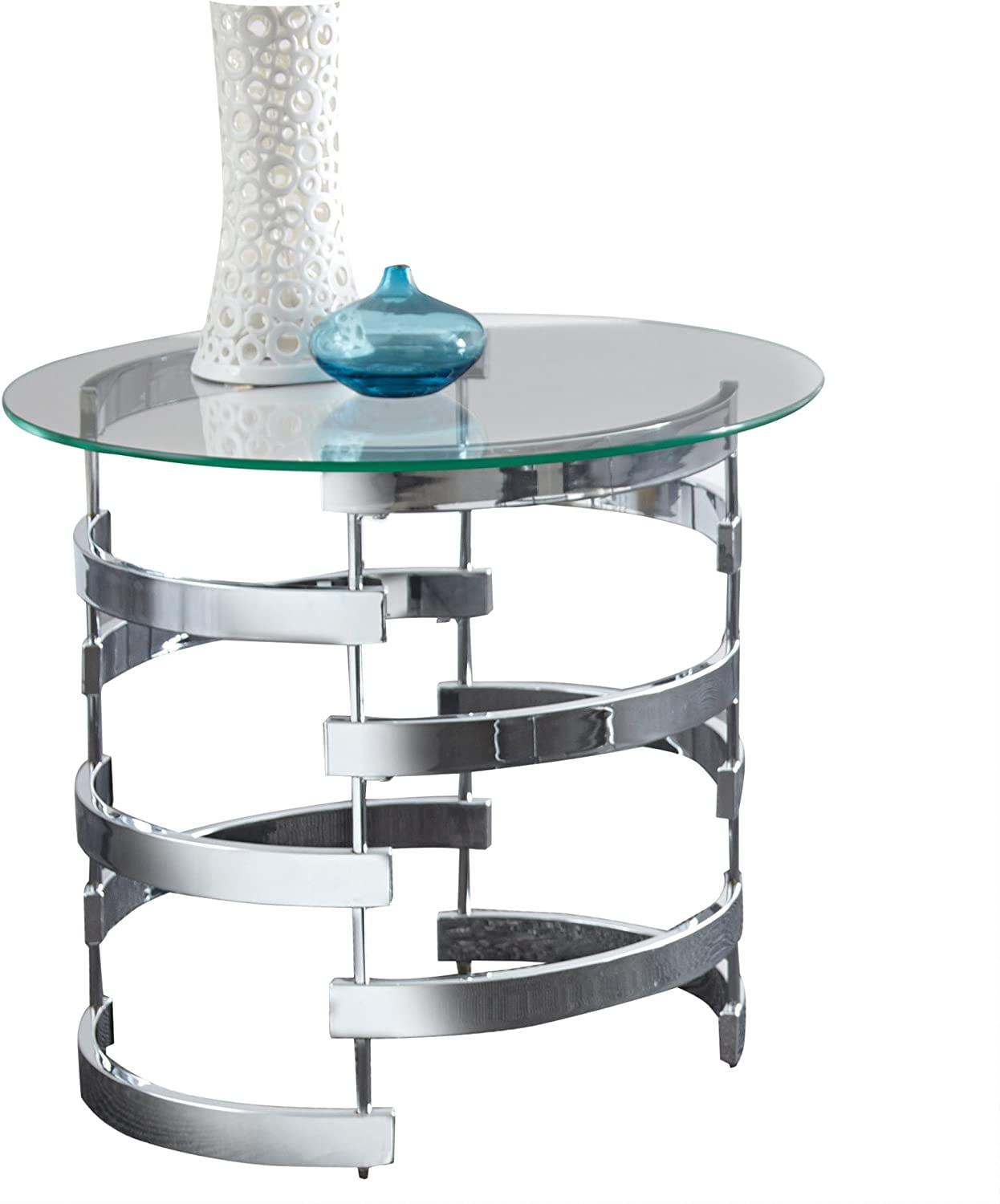 Tayside End Table Glass and Chrome - Steve Silver Co.: Circular, Chrome Frame, Tinted Top