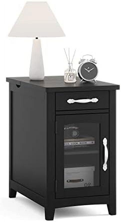 Black Wood End Table with Glass Door and Charging Station