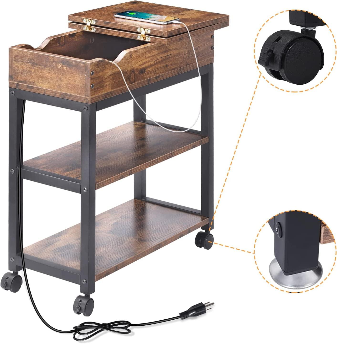 Brown Metal and Wood Flip Top Side Table with Storage and Charging Station