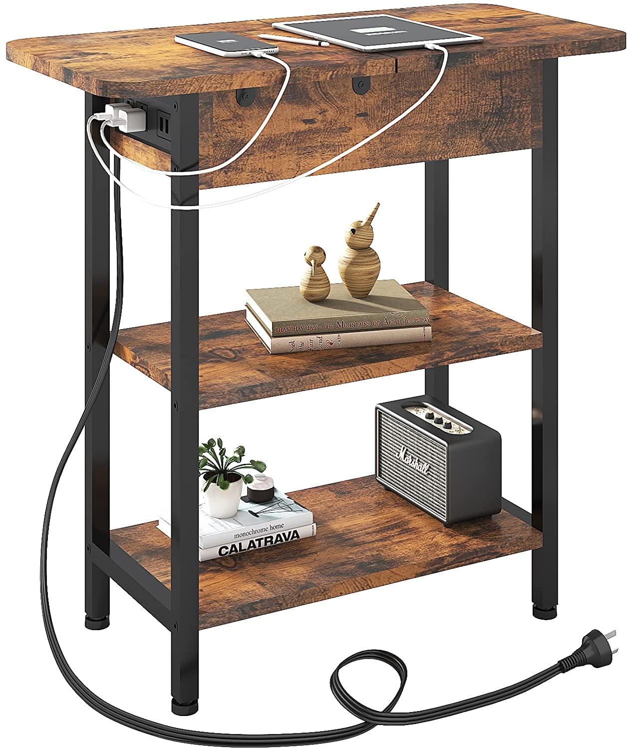 Bedroom table with USB charging port, three-layer storage shelf, and power socket-brown