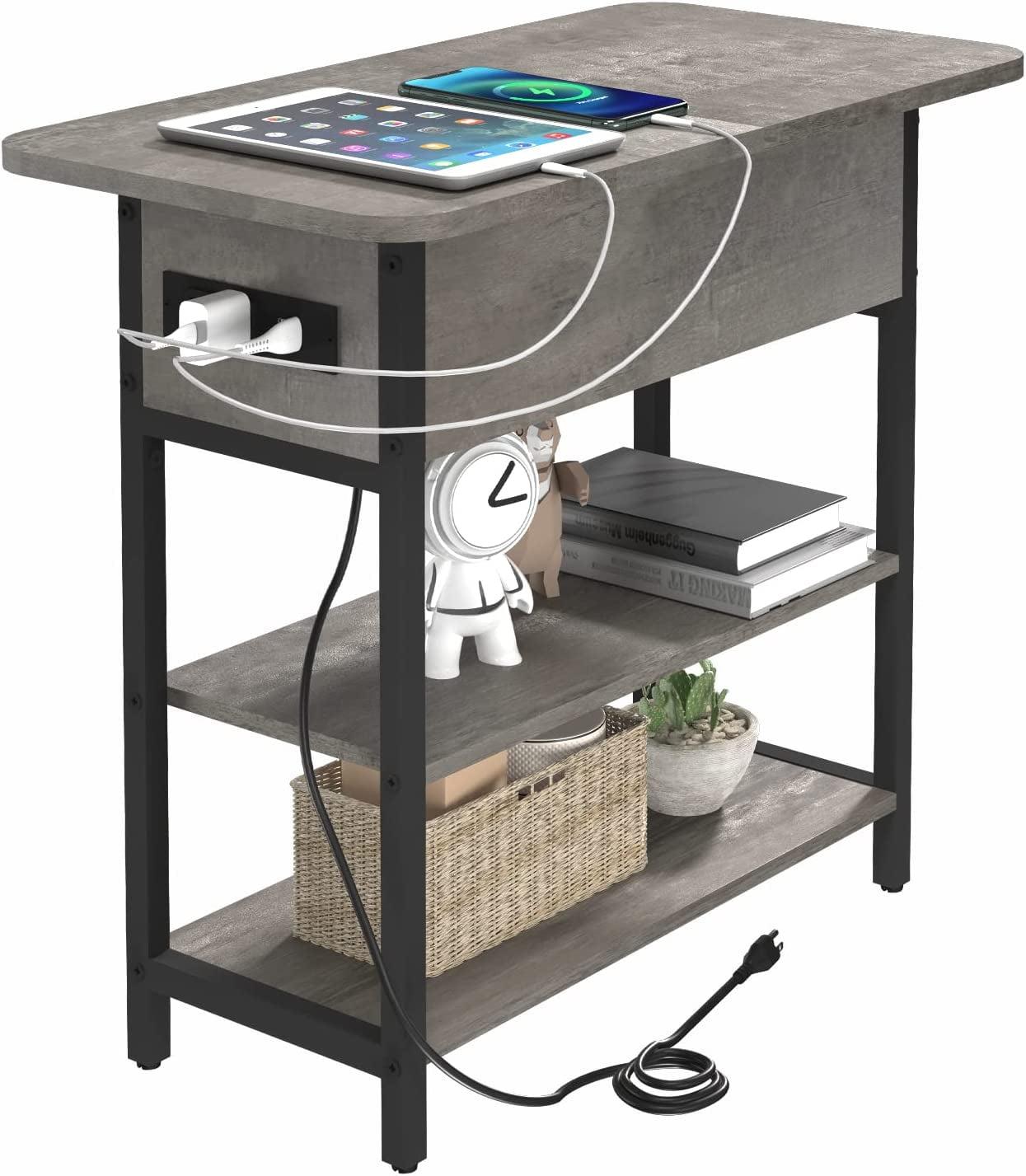 End Table with Charging Station, Flip Top Side Table with USB Ports and Outlets, Sofa Couch Table Bedside Table for Living Room Bedroom, Narrow Nightstand with Storage Shelves for Small Space,Grey