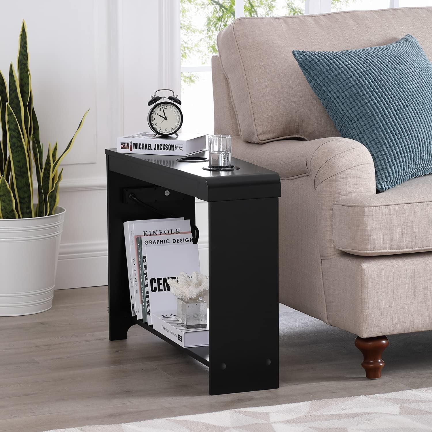 Black Slim Wooden Chairside Table with USB Ports & Outlets