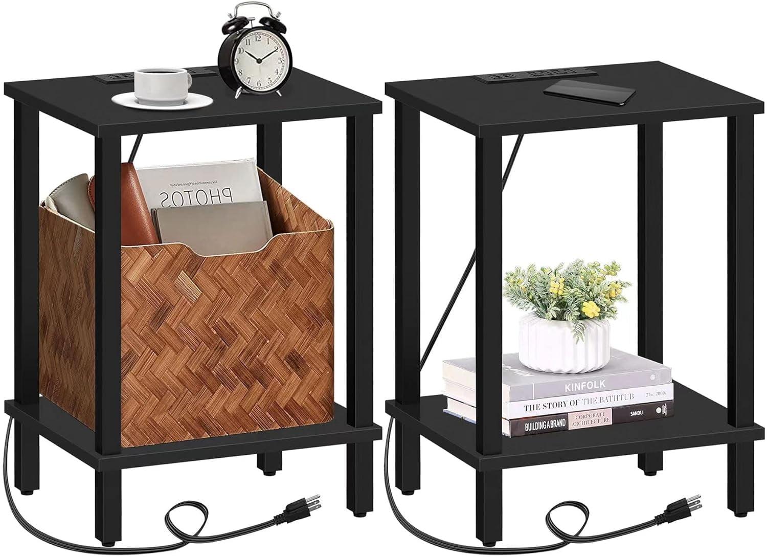 End Table with Charging Station, Side Table with USB Ports and Outlets, Nightstand, 2-Tier Storage Shelf, Sofa Table for Small Space, 1 Package (2PCS), Charcoal Grey