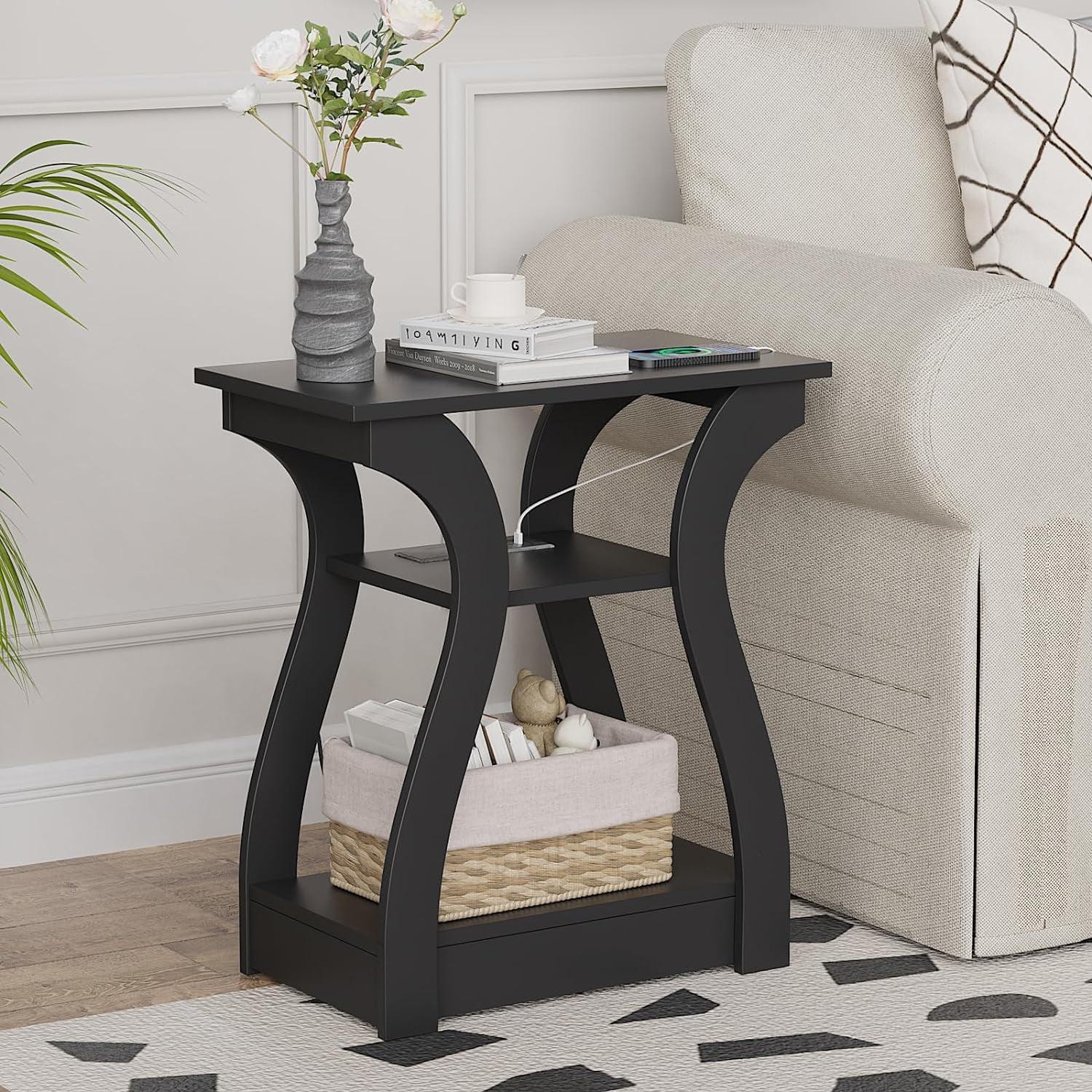 End Table with Charging Station, Side Table with USB Ports and Outlets, Nightstand, 3 Tier End Table with Storage Shelf for Living Room, Bedroom (Black)