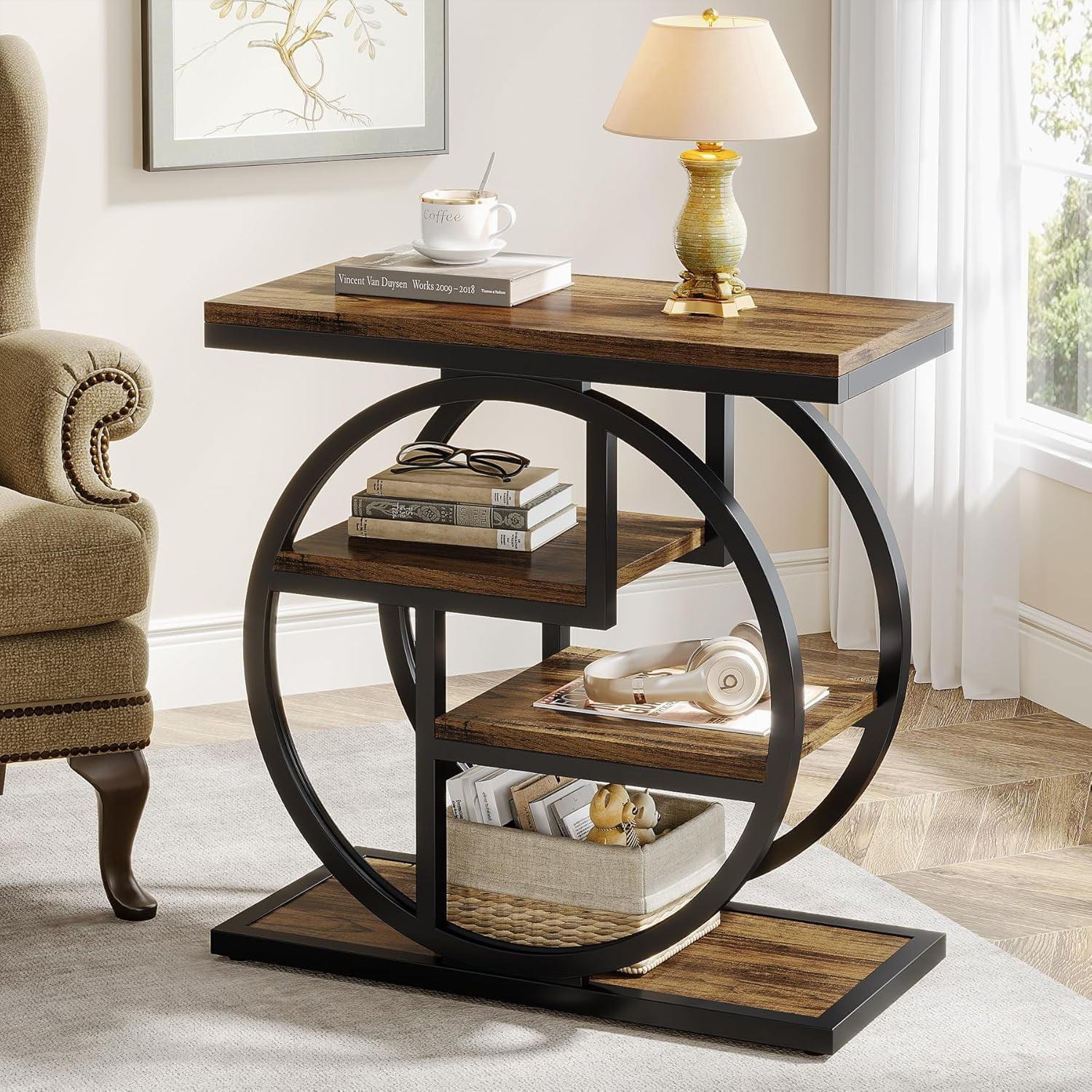 Rustic Brown 4-Tier Wood and Metal Geometric End Table