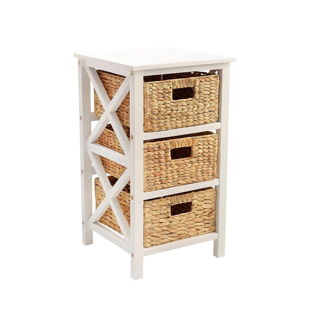 White 3-Tier X-Side End Table with Wicker Baskets