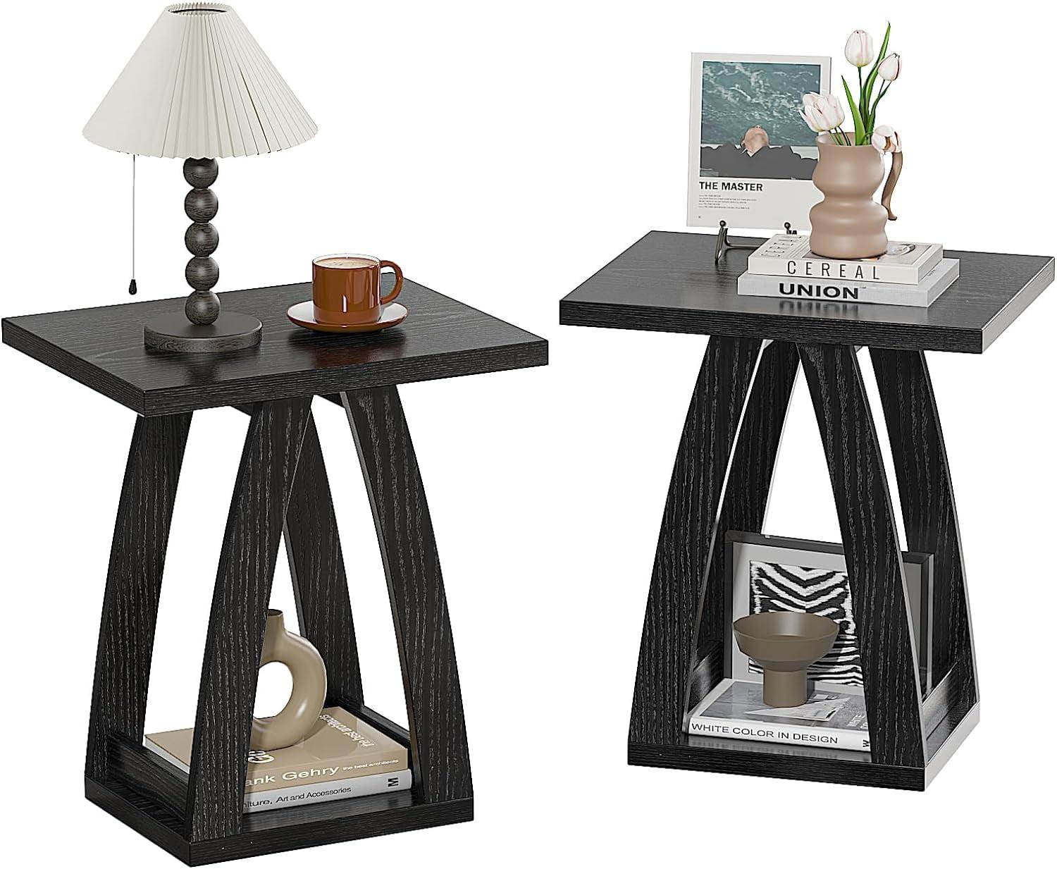 Black Engineered Wood Square End Table Set with Shelf