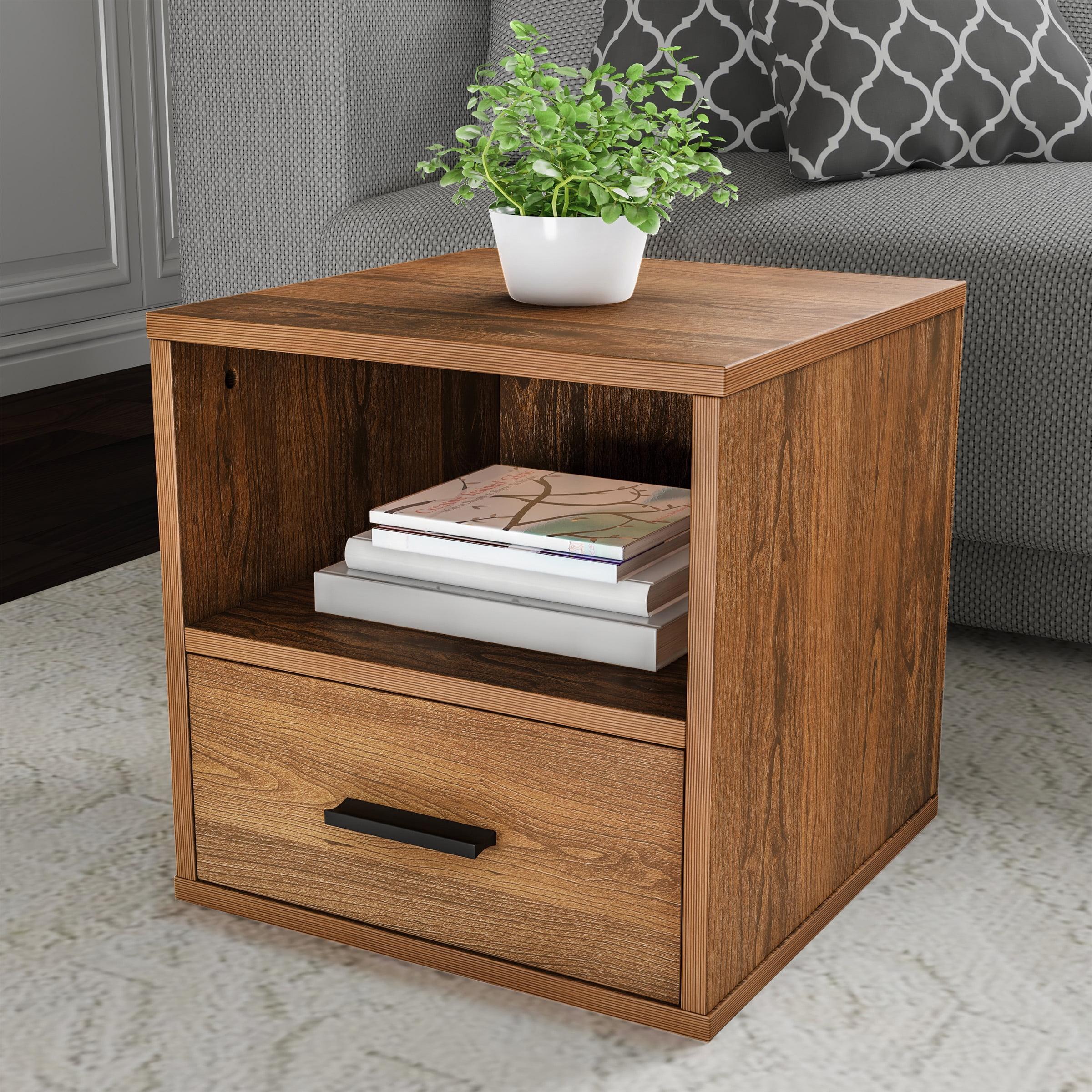 Lavish Home Modern Stackable Modular Cube End Table with Drawer (Brown)