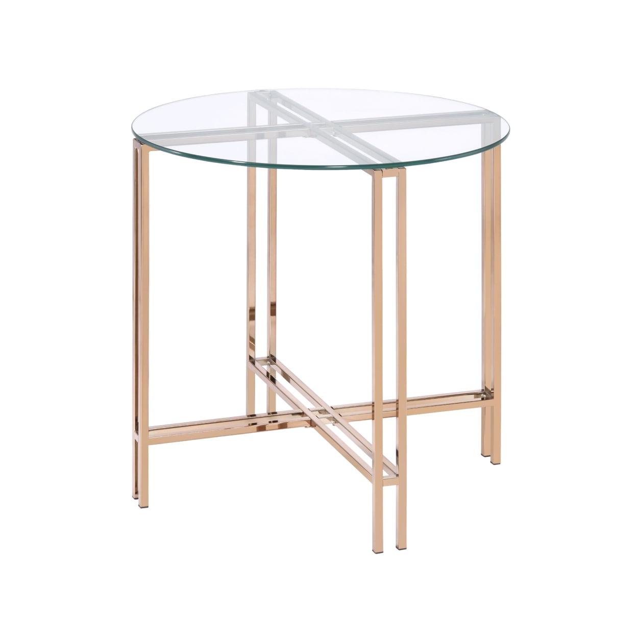 23" Veises Accent Table Champagne - Acme Furniture: Round Glass Top, Metal Frame, Spot Clean