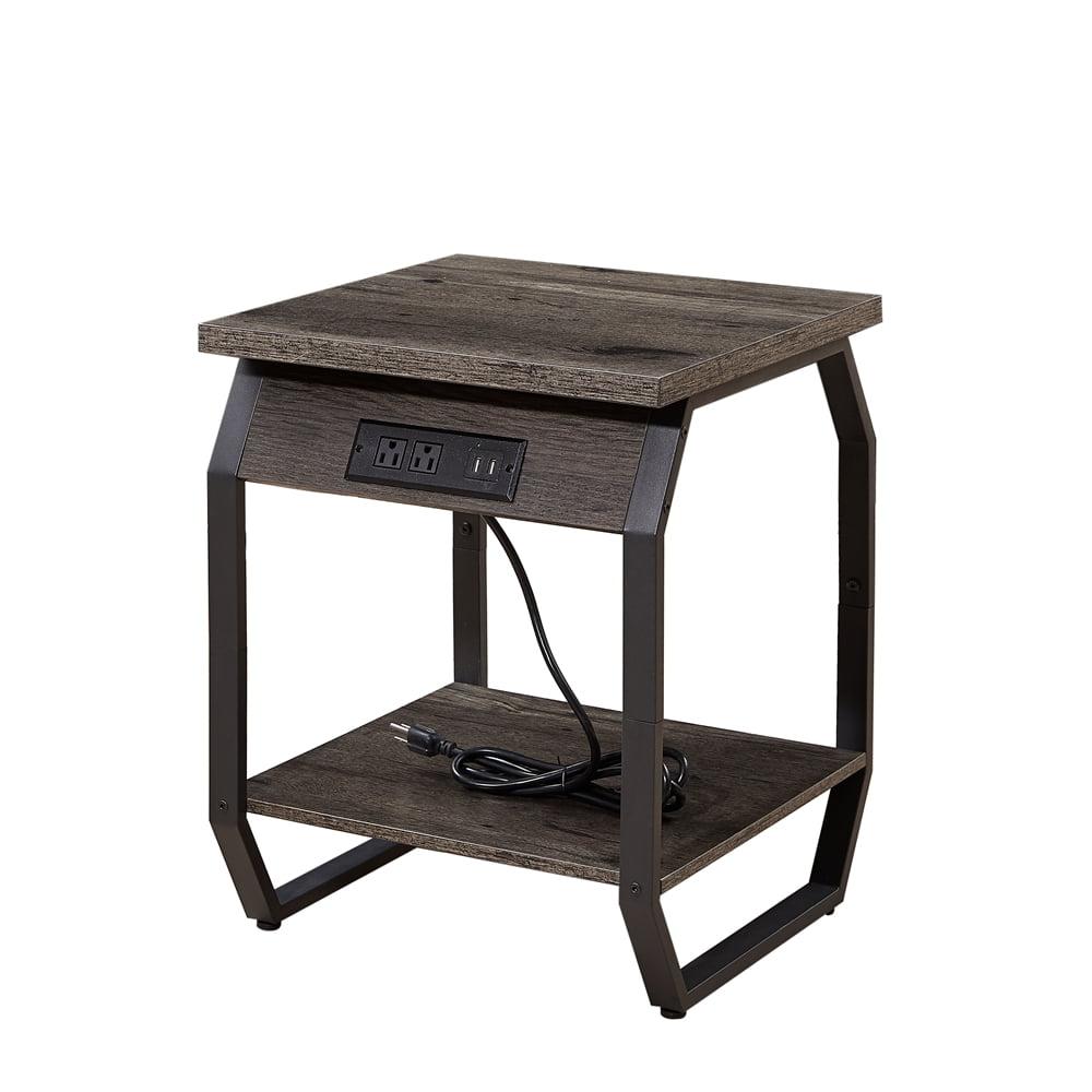 Dark Gray Particle Board Side Table with Charging Station