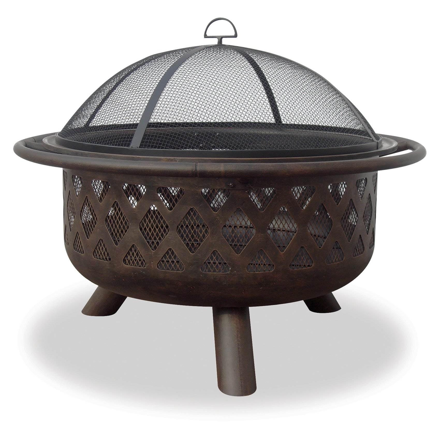 Endless Summer Round Wood Burning Outdoor Fire Pit with Lattice Design Brown: Deep Bowl, Mesh Spark Guard, Portable