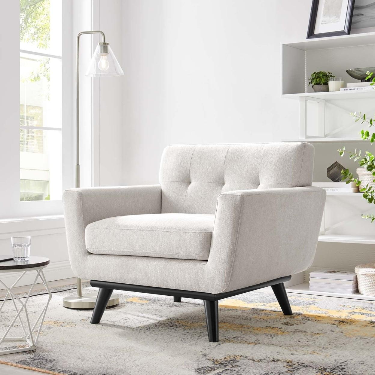 Ivory Faux Leather Mid-Century Modern Armchair with Tufted Buttons