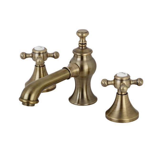 Kingston Brass English Country Two-Handle 3-Hole Deck Mount Widespread Bathroom Faucet with Brass Pop-Up Drain