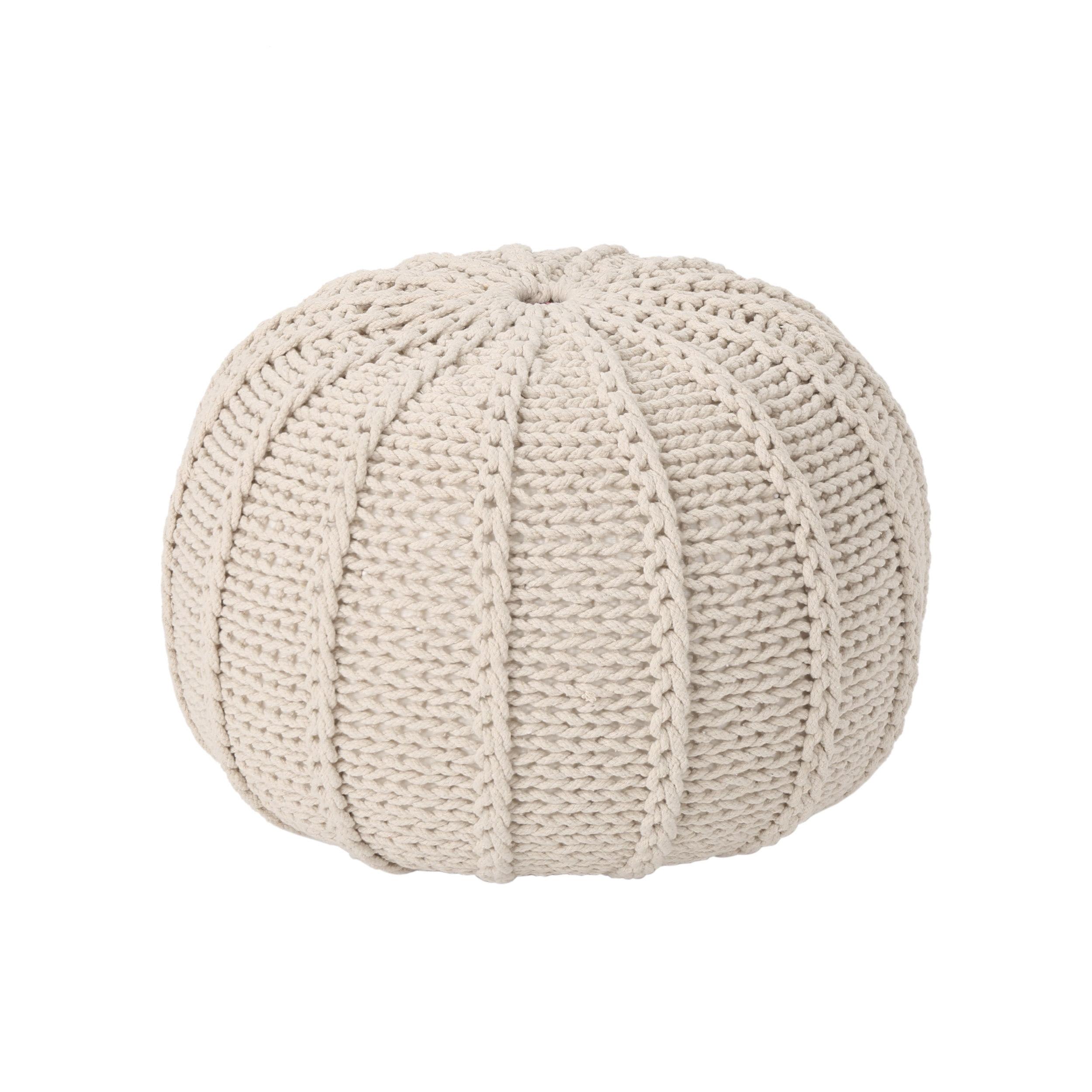 Beige Cotton Knitted Round Pouf