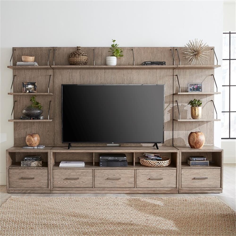 Burnished Beige 118" Rubberwood Entertainment Center with Brass Hardware