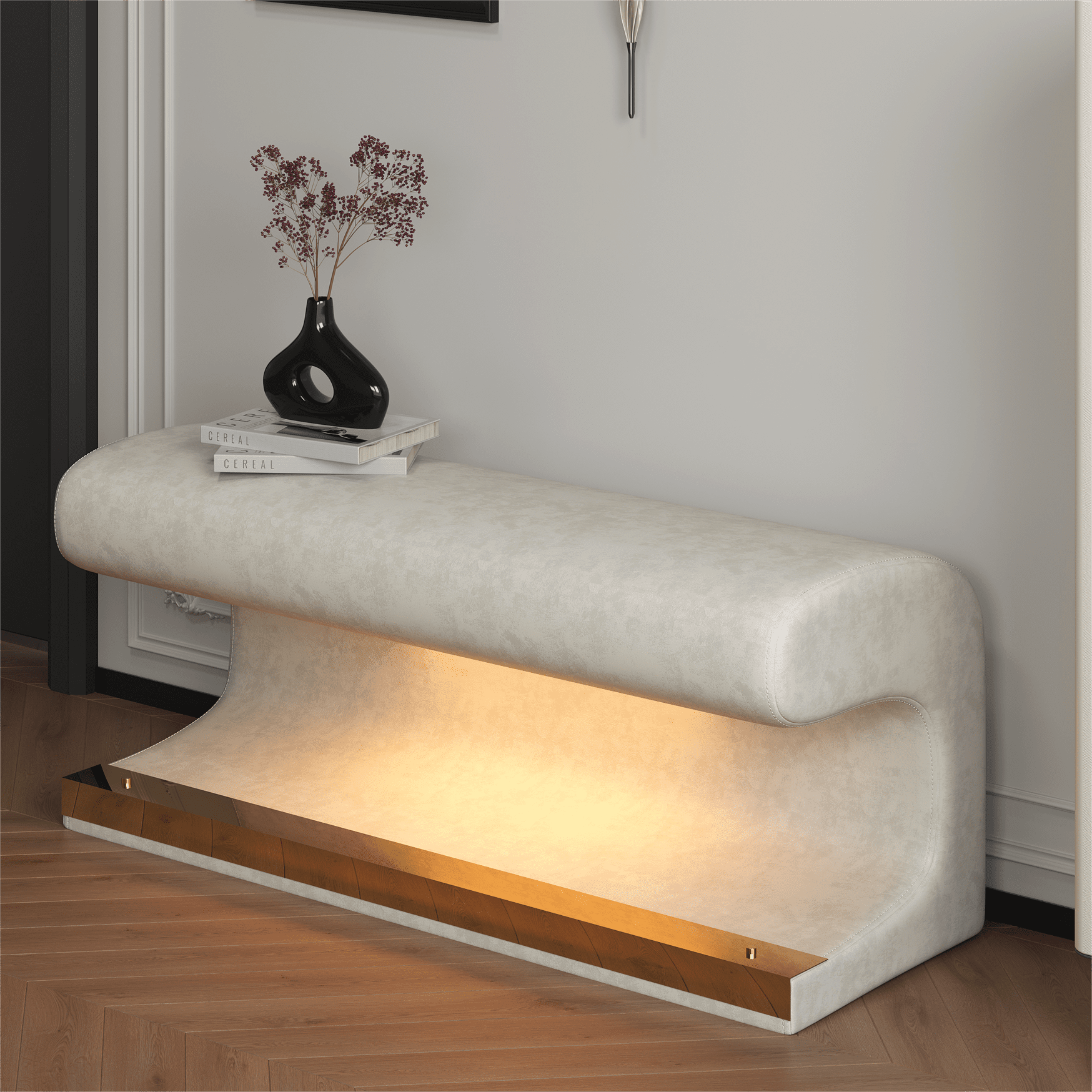 CYBORIS Modern Entryway Bench with LED Light, Leather Upholstered Ottoman for Living Room Bedroom End of Bed, Beige