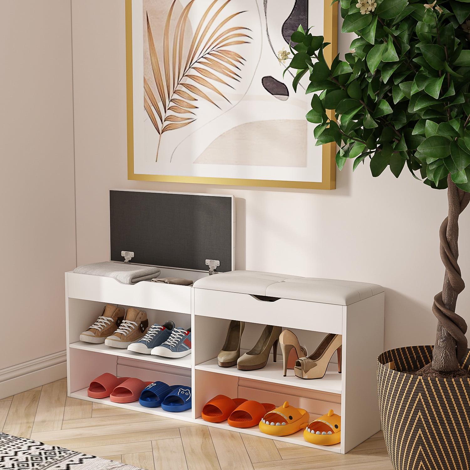 White MDF Shoe Storage Bench with Cushion and Open Shelves