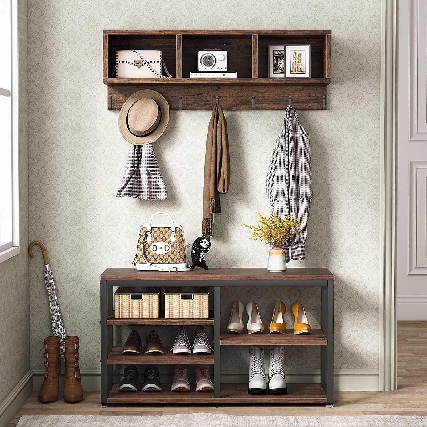 Rustic Brown Industrial Hall Tree with Storage Bench