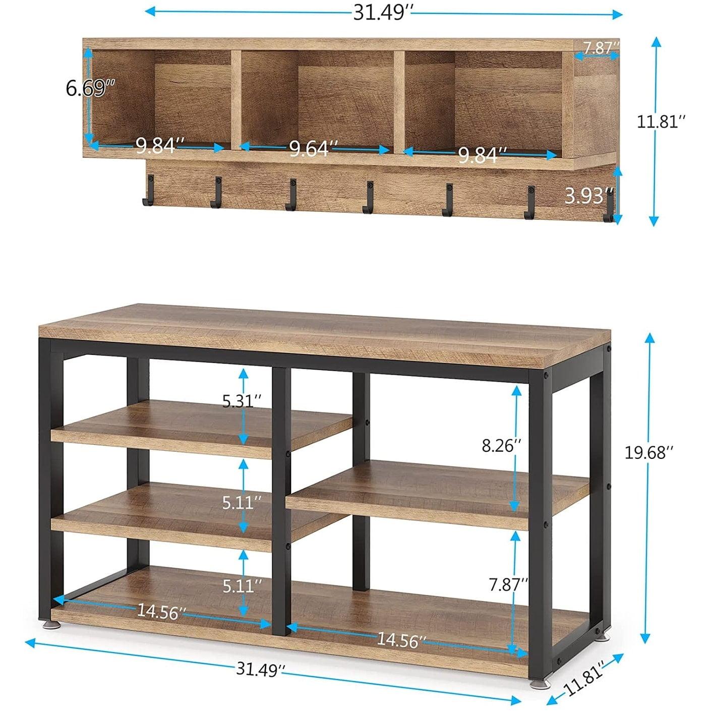 Entryway Coat Rack Shoe Bench Set, Industrial Hall Tree Coat Shoe Rack Vintage Oak Cubby, Shoe Storage