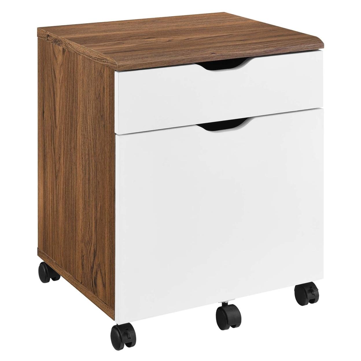 Walnut and White Rolling File Cabinet with Casters