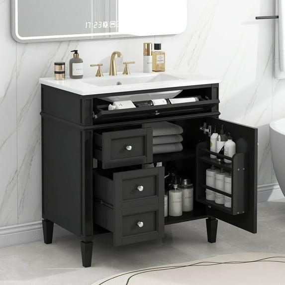 HLILish 30'' Bathroom Vanity With Top Sink, Modern Bathroom Storage Cabinet With 2 Drawers And A Tip-Out Drawer, Single Sink Bathroom Vanity
