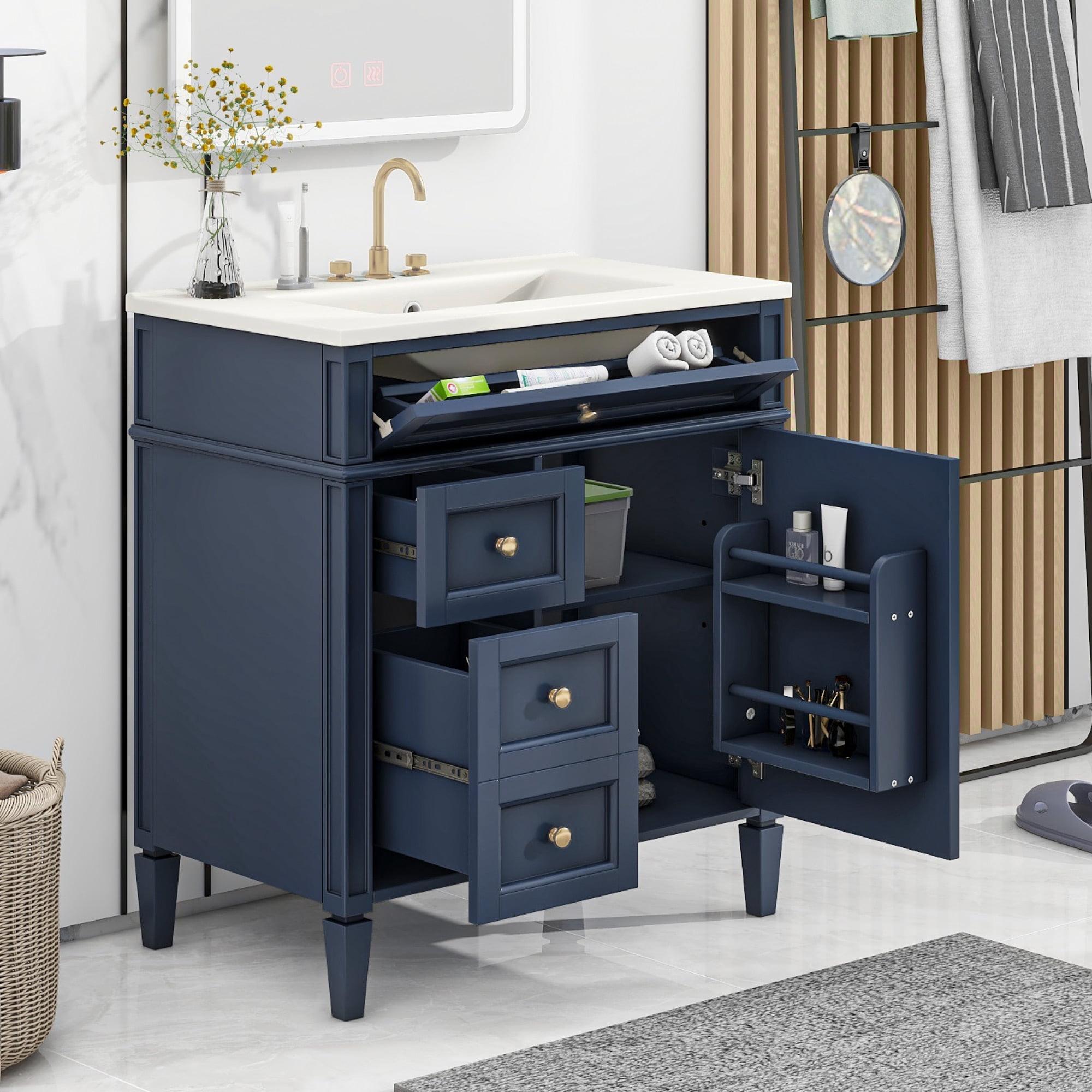 Bathroom Vanity with Sink, Solid Wood MDF, Modern Storage Cabinet with Tip-out Drawer, Amber Storage System, Soft Close Drawers, Blue