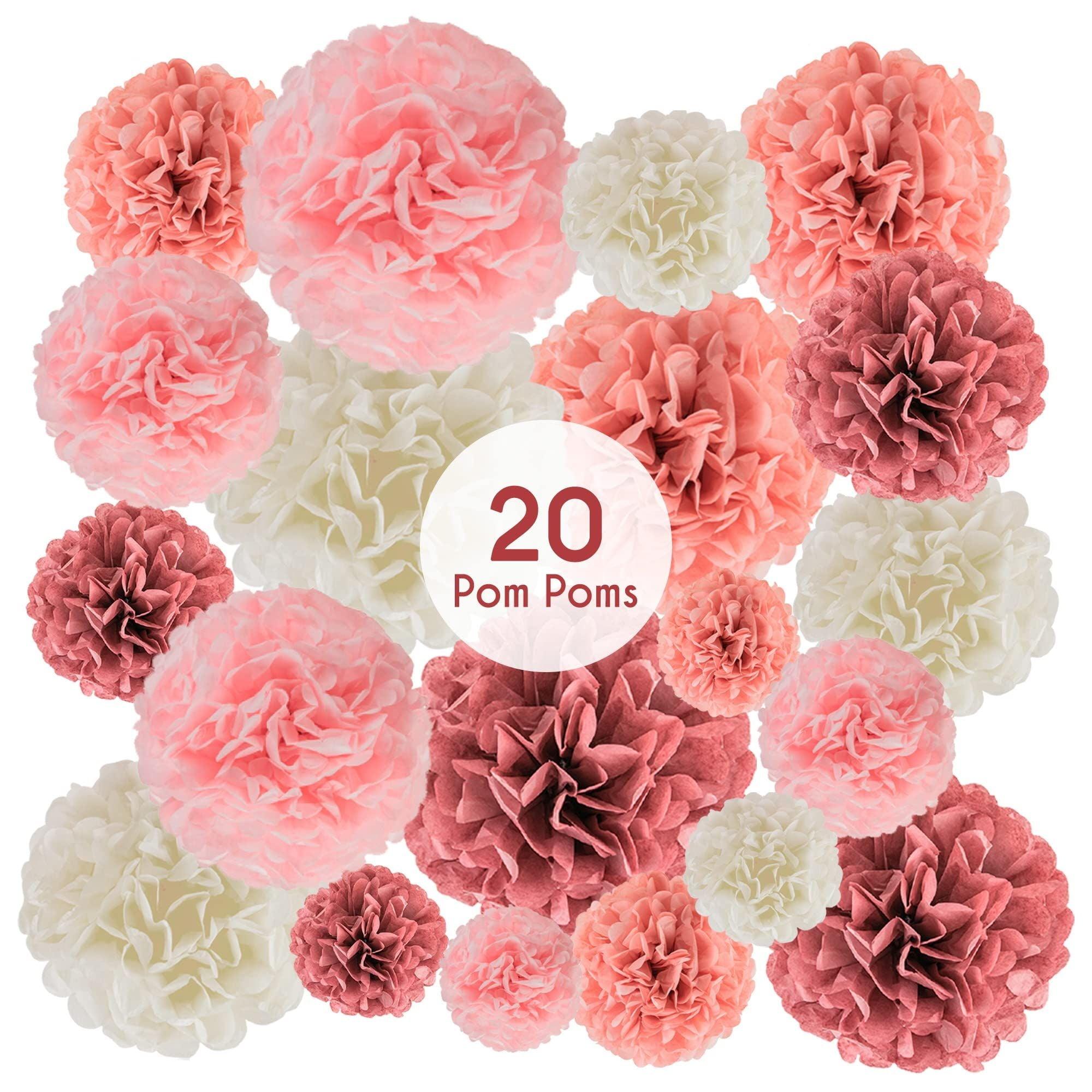 EpiqueOne 20 Piece Tissue Paper Pom Poms Party Kit - Colorful Paper Flower Wall Decorations - Pink Rose