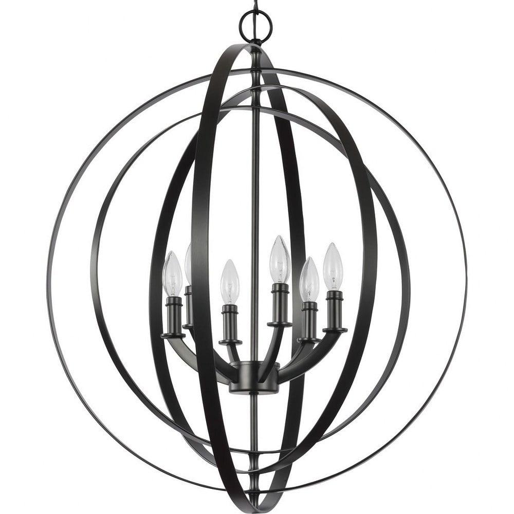 Progress Lighting Equinox 6-Light Chandelier Pendant, Steel, Black Finish, Armillary Sphere Design, Polished Chrome Shade