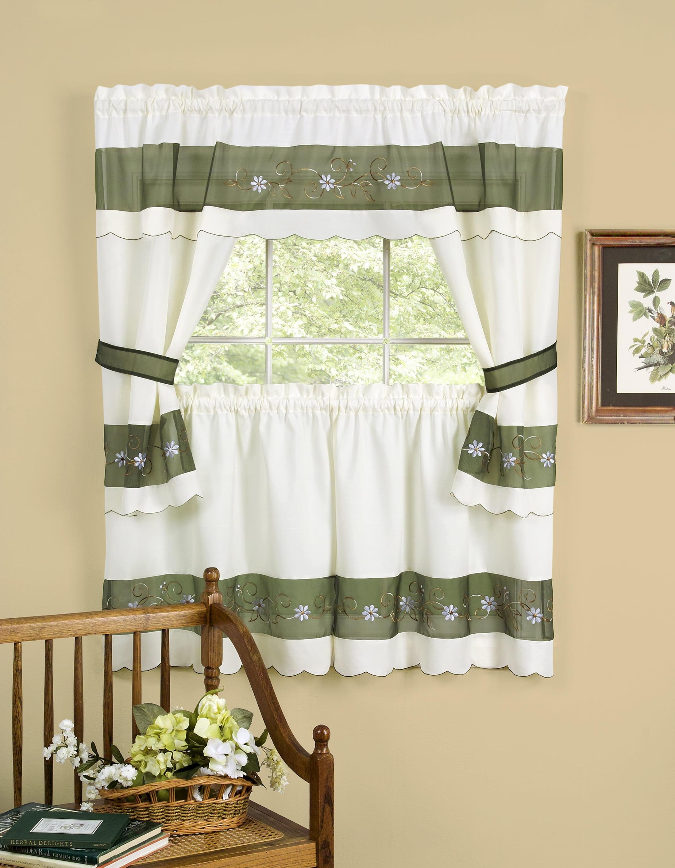 Achim Home Furnishing Berkshire Window Kitchen Curtains 3-Piece Embellished Cottage Set - 56" (W) x 36" (L) Complete Set, Green