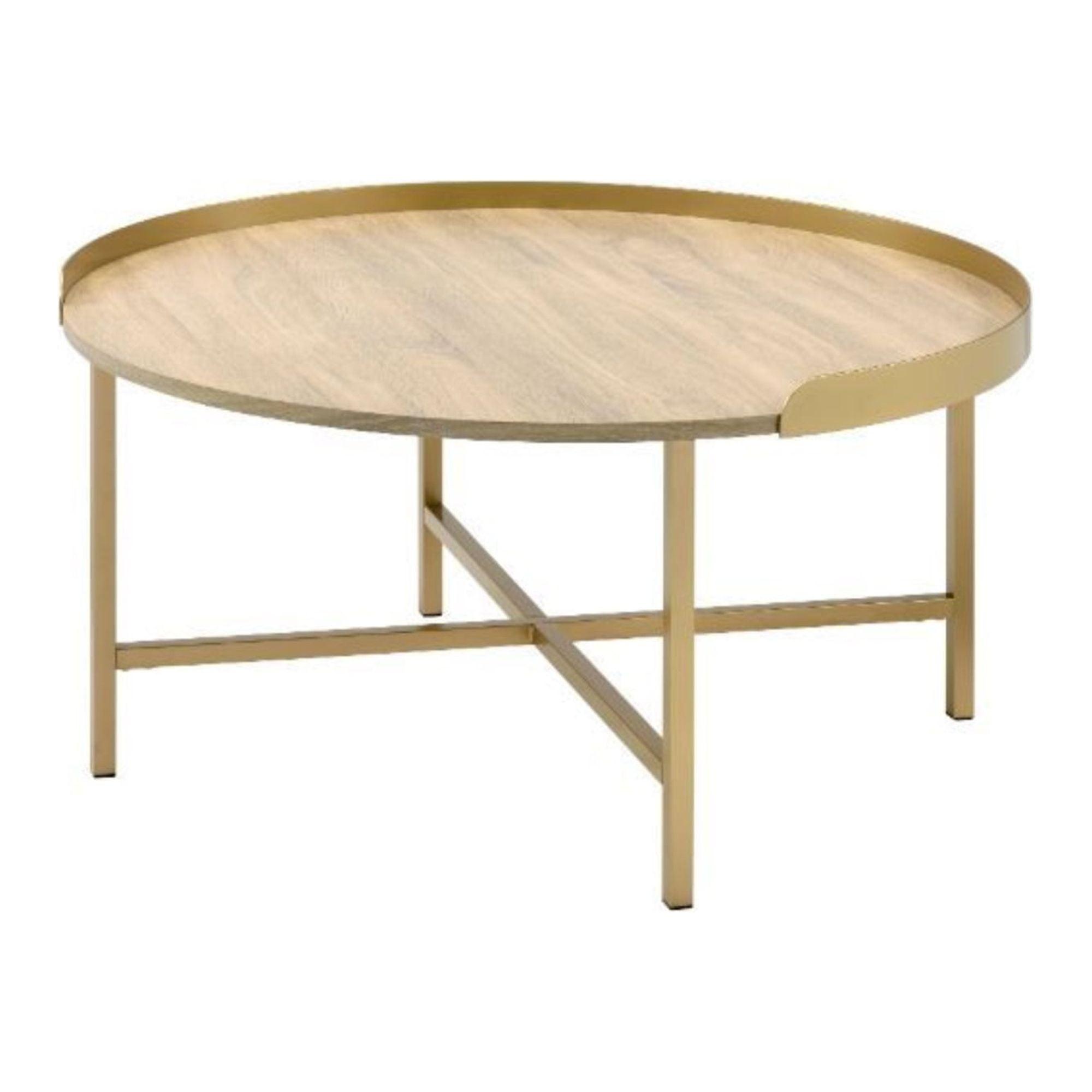 Mithea 38" Round Oak and Gold Tray Top Coffee Table