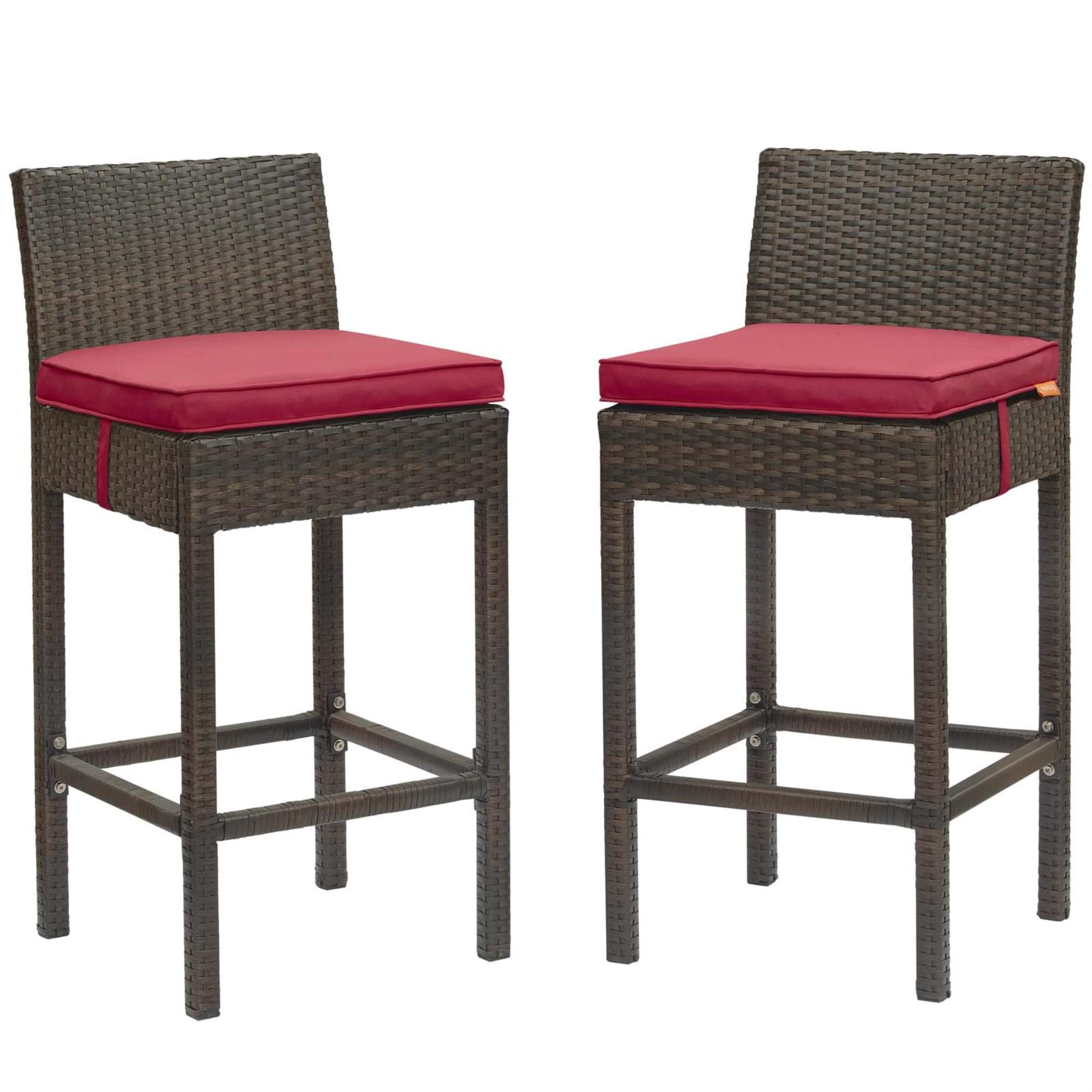 Modway Conduit Bar Stool Outdoor Patio Wicker Rattan Set of 2 - Brown Red