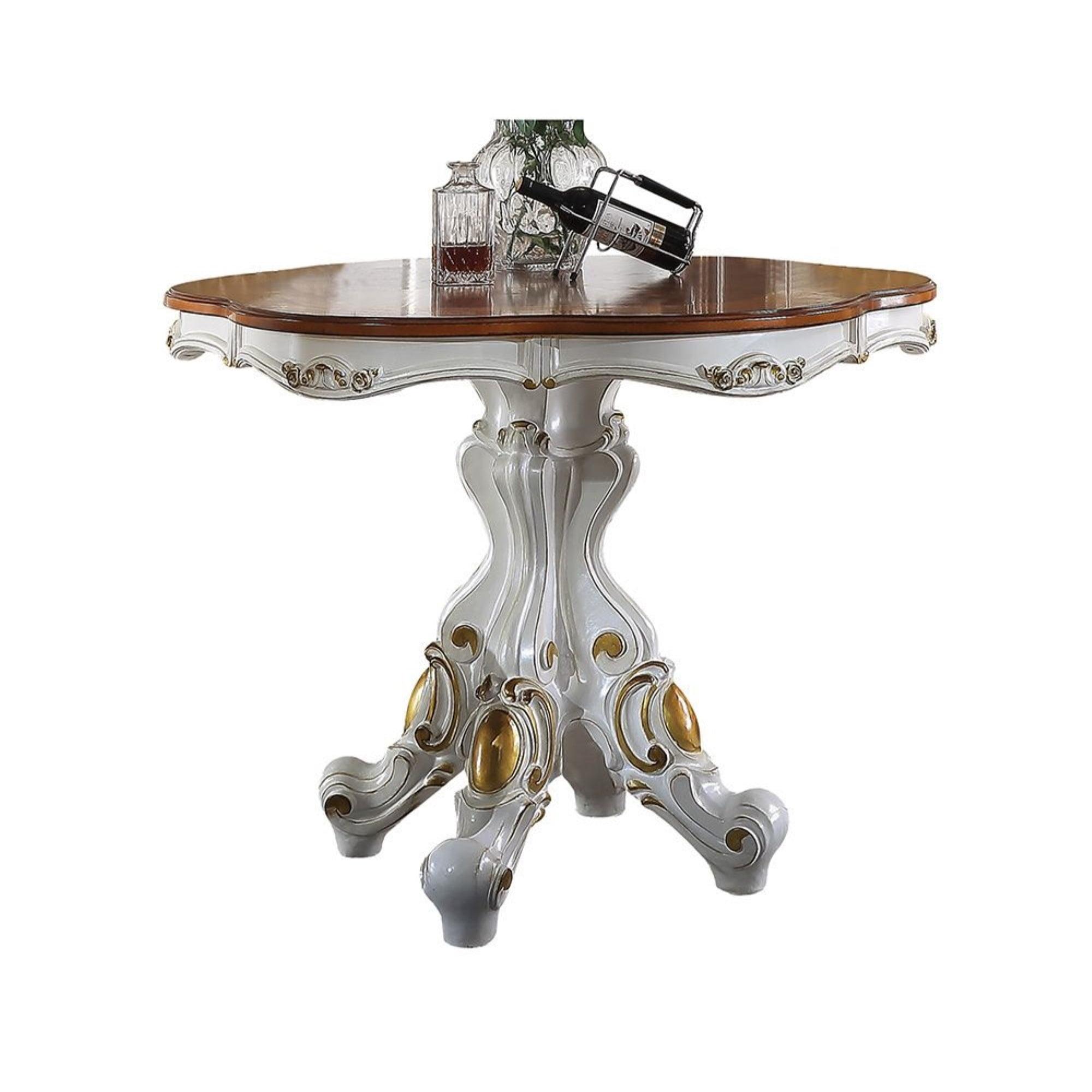 48" Picardy Accent Table Antique Pearl & Cherry Oak - Acme Furniture: Carved Details, Round Shape