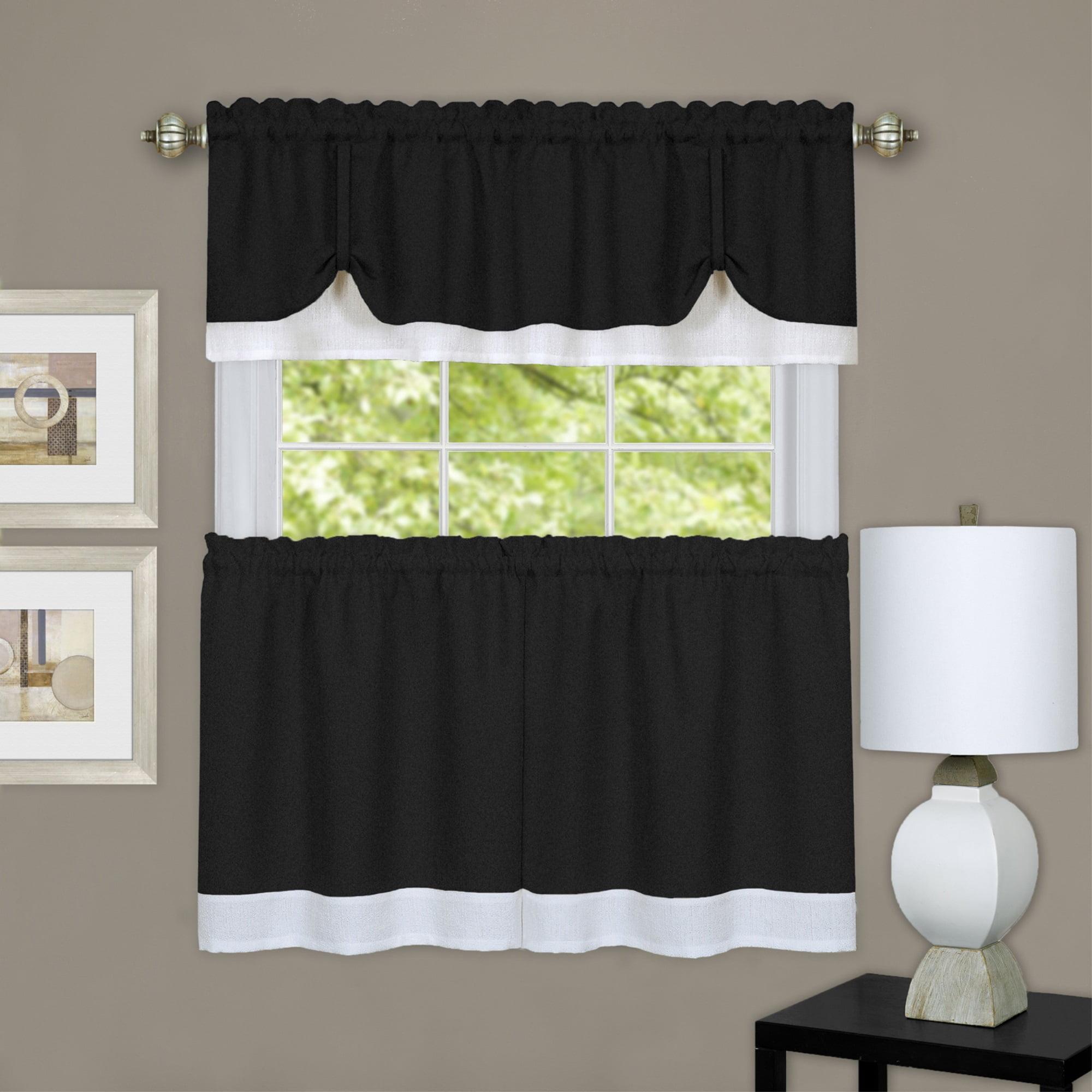 Black and White Polyester Light-Filtering Kitchen Tier Curtains with Valance