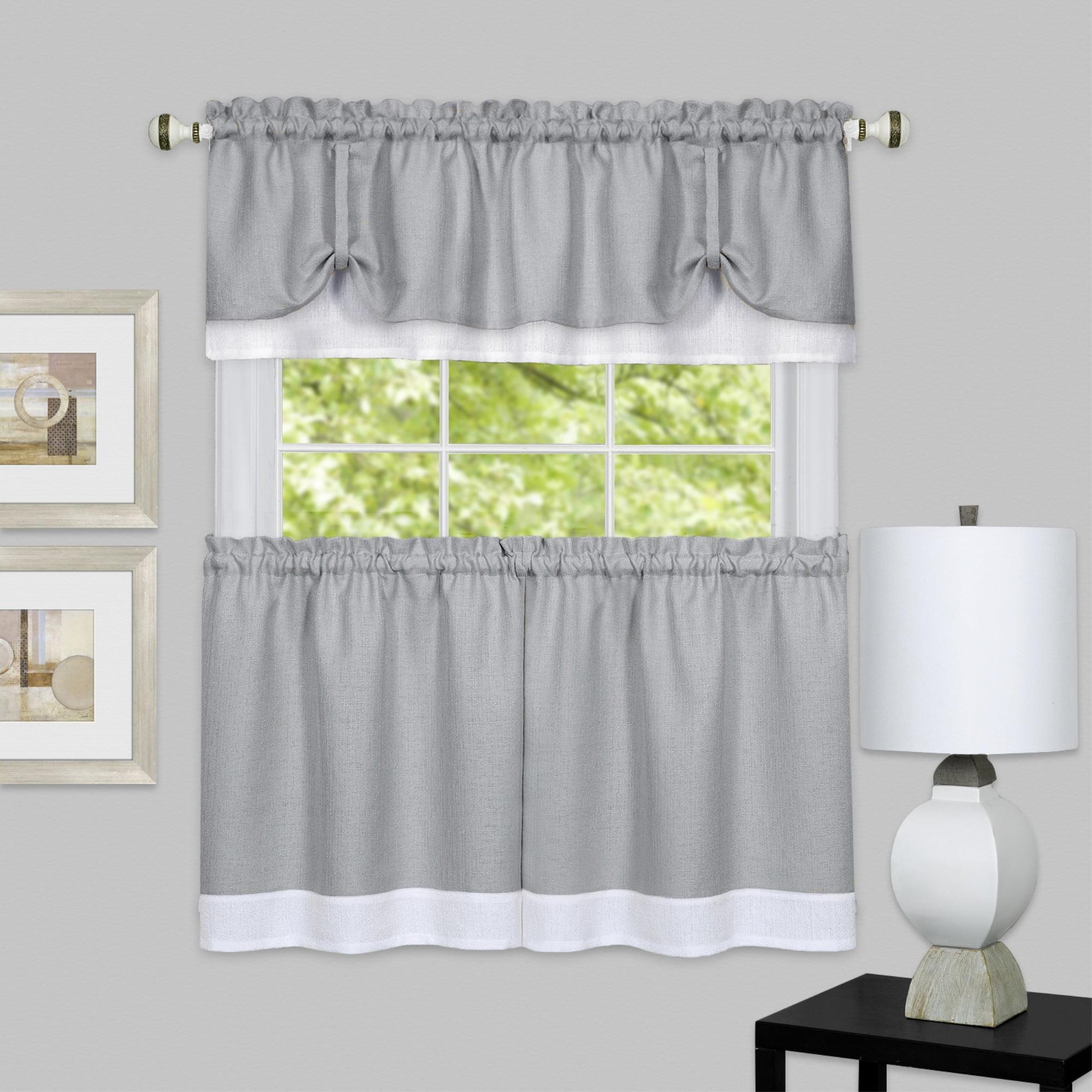 Gray and White Polyester Window Curtain Tier and Valance Set