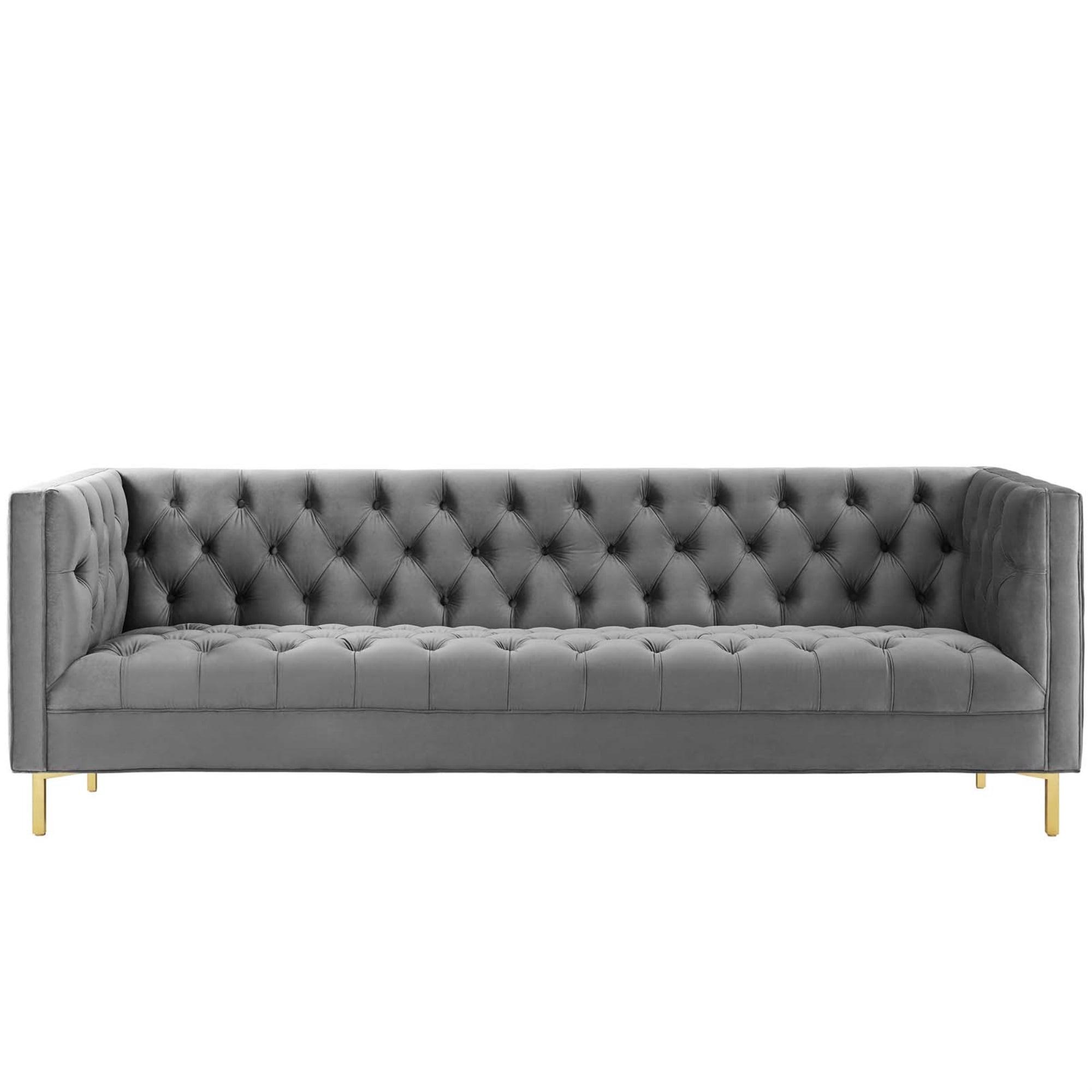 Gray Tufted Velvet Sofa with Gold Stainless Steel Legs