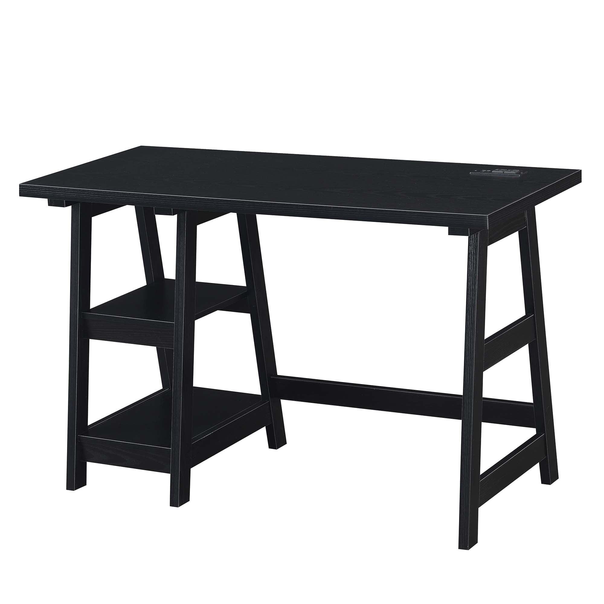 Modern Black Wood Desk with USB Charging Station, 47" Length