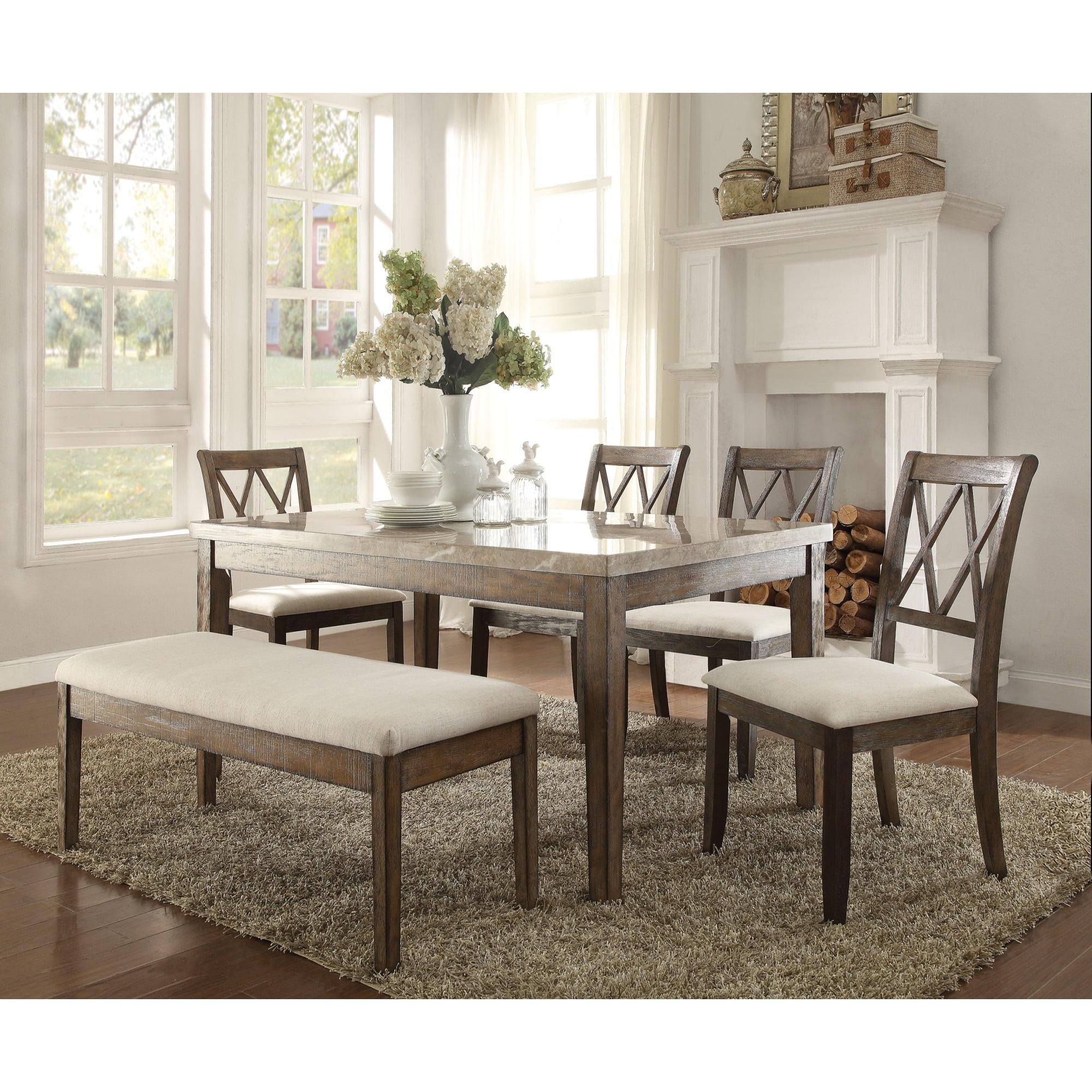 Acme Furniture 64" Claudia Dining Table Marble/Salvage Brown: Rectangular, Non-Extension, Seats 5, Wood Base