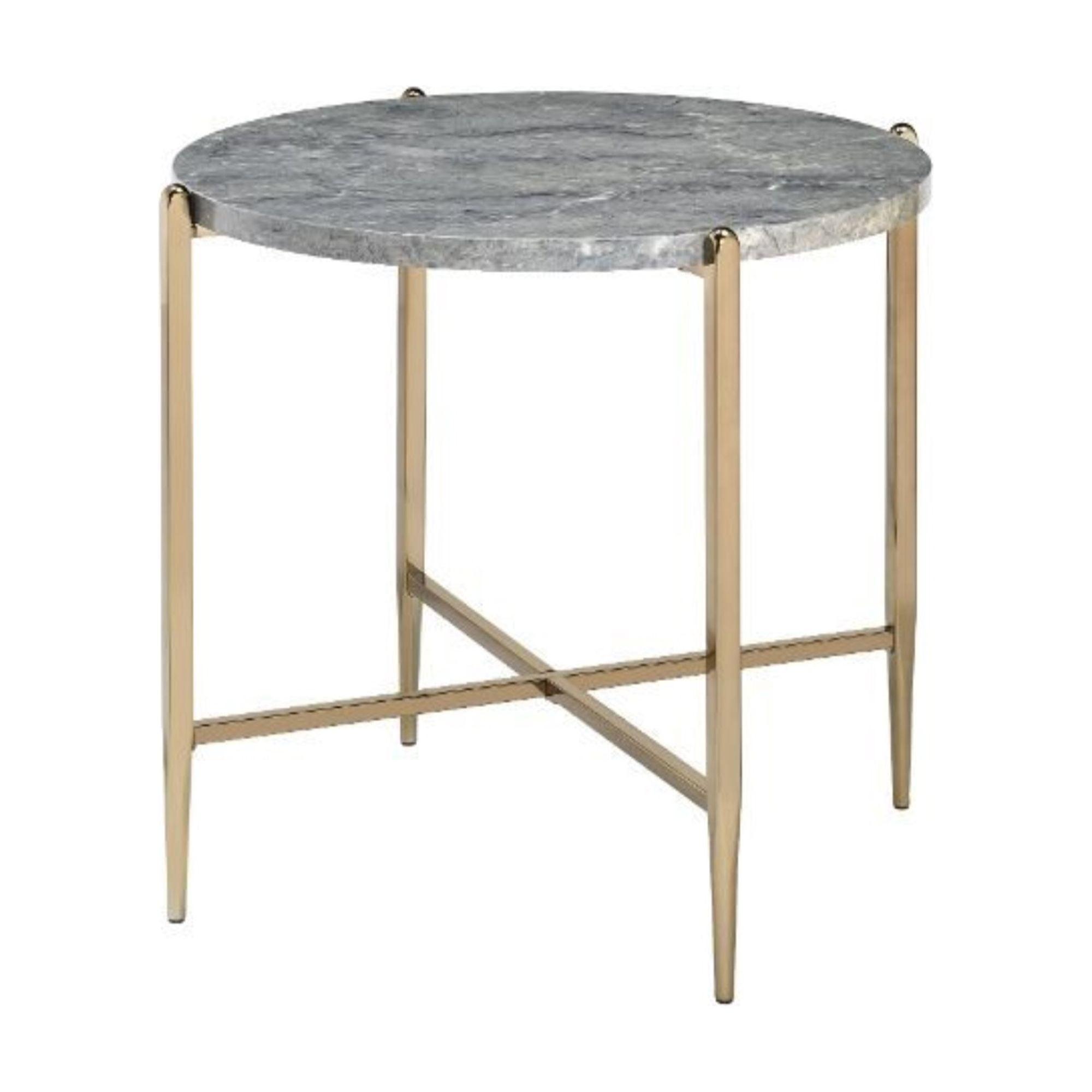 Elysian 26" Champagne Gold Round Stone & Metal End Table