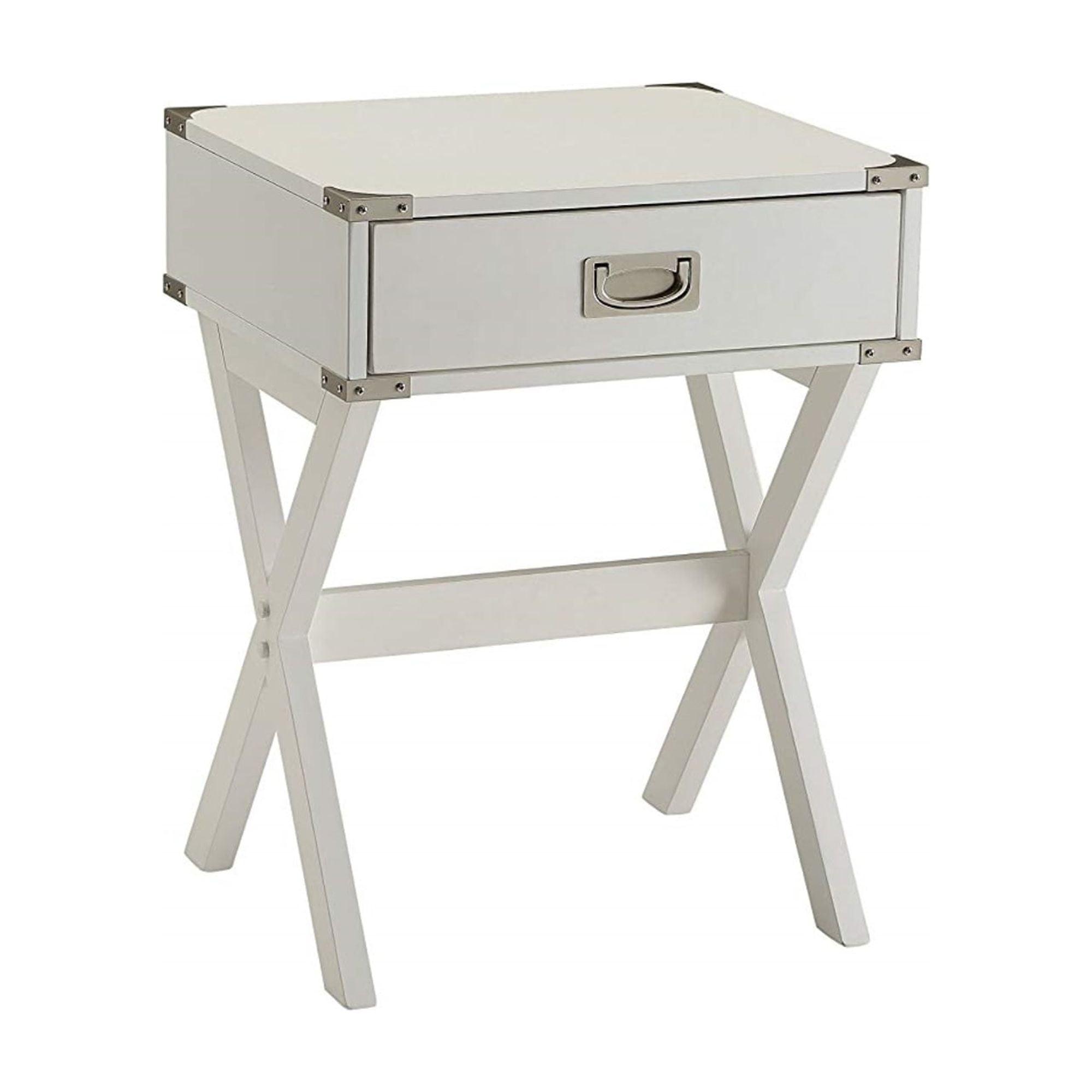 White Wood and Metal Rectangular End Table with Storage Drawer