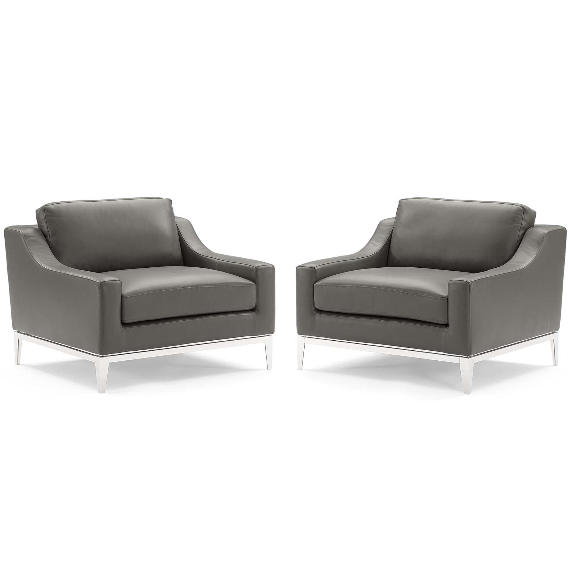 Sleek Gray Leather Armchair Duo with Polished Metal Base