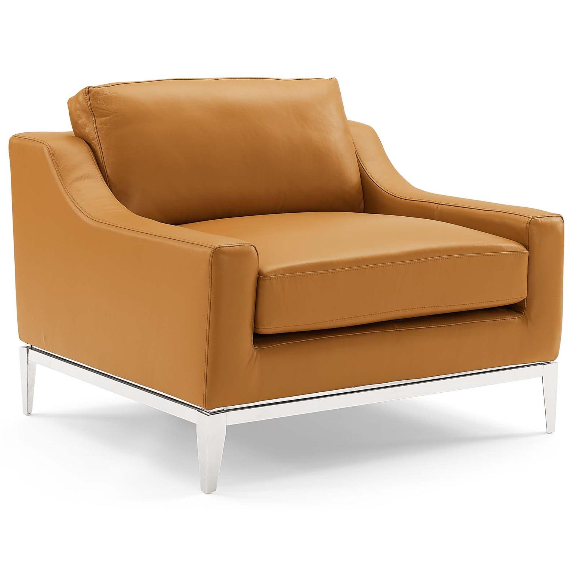 Tan Leather and Stainless Steel Modern Armchair