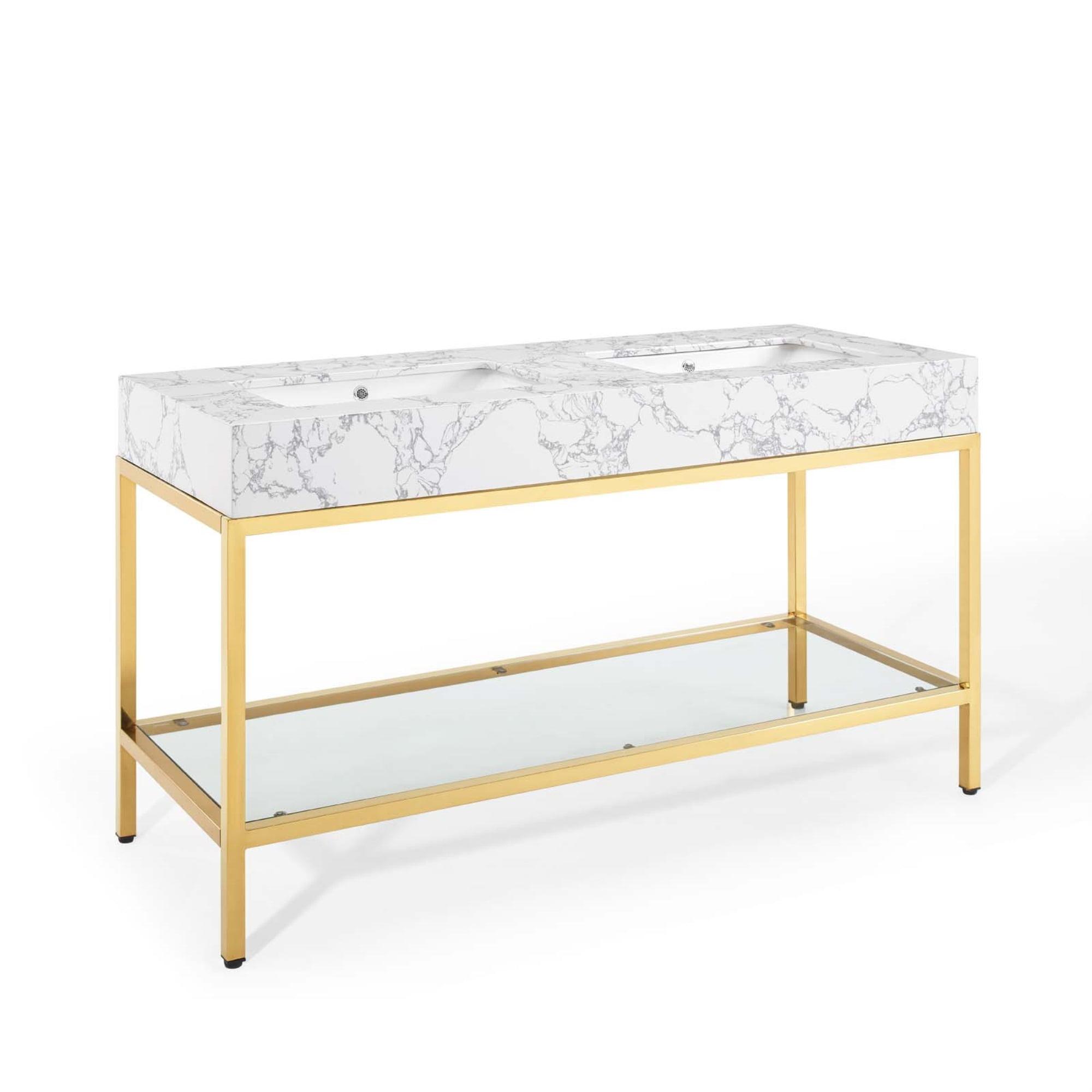 Kingsley 60" Glam Deco Gold and White Double Sink Vanity