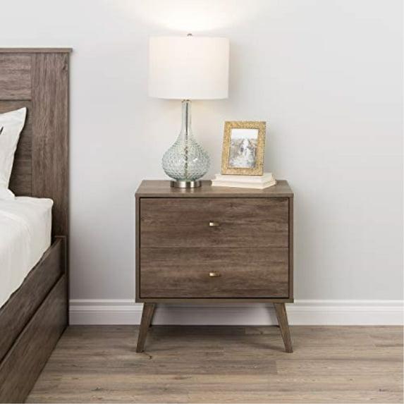 Prepac Mid Century Modern 2 Drawer Wide Nightstand Drifted Gray : Rubberwood Construction, Rectangle Shape, 25" Height