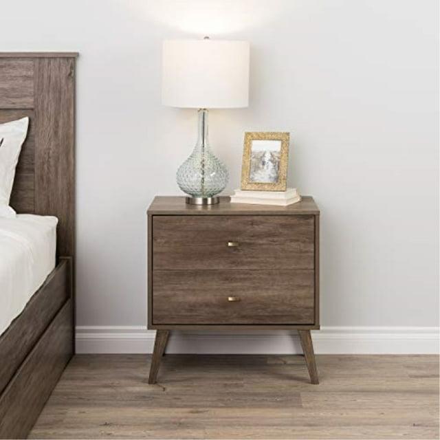 Prepac Mid Century Modern 2 Drawer Wide Nightstand Drifted Gray : Rubberwood Construction, Rectangle Shape, 25" Height