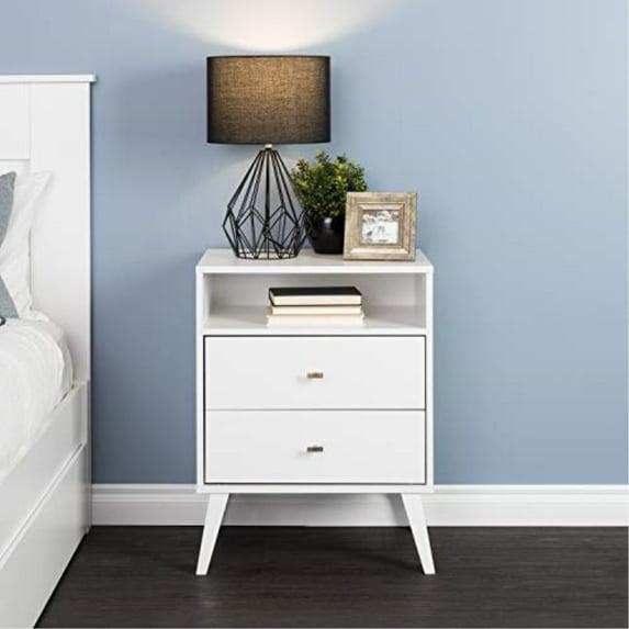 Mid Century Modern 2 Drawer Tall Nightstand with Shelf White - Prepac: Wood Laminate, Includes Anti-Tip Hardware