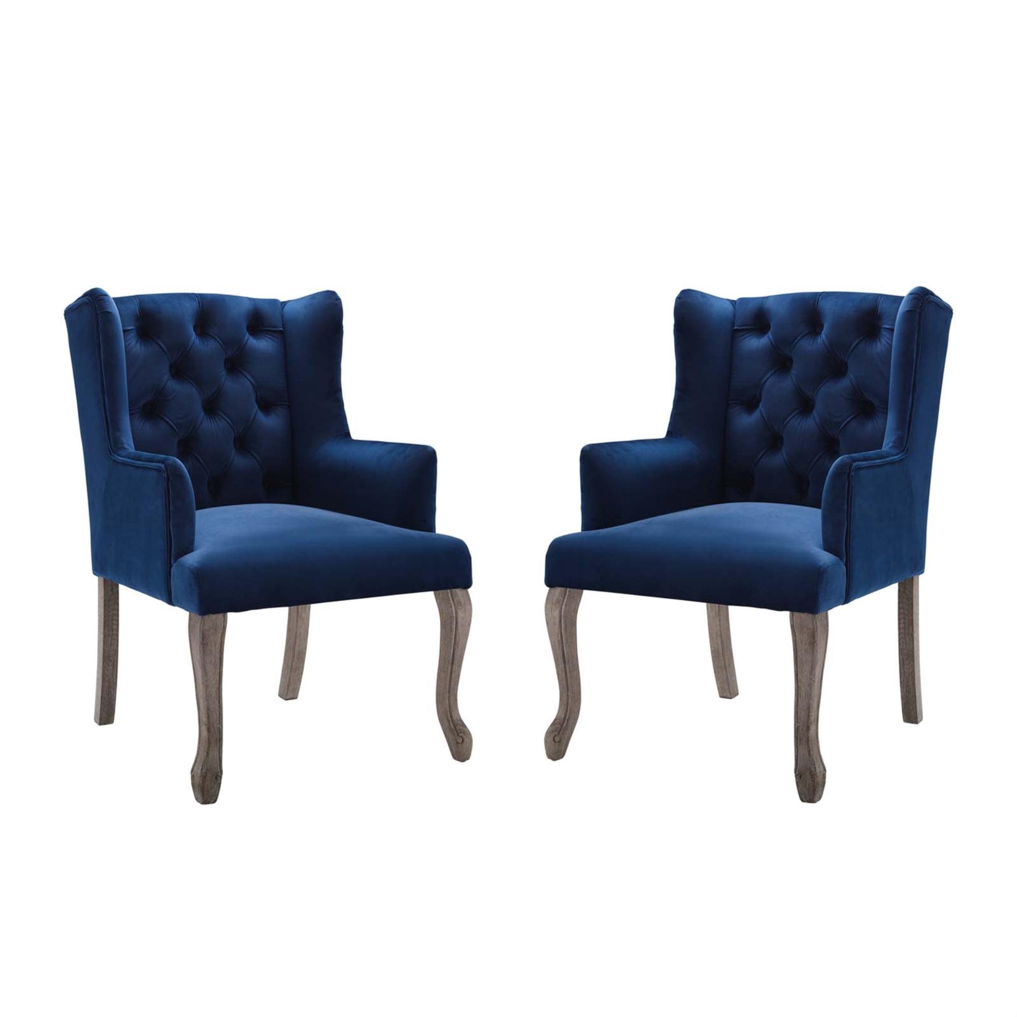 Chic Navy Velvet Upholstered Wingback Armchair with Weathered Wood Legs