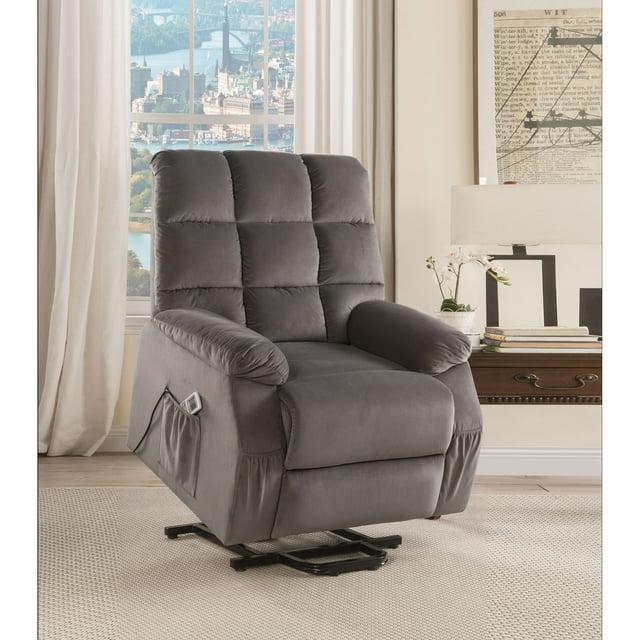 Contemporary Velvet and Metal Recliner with Power Lift, Gray- Saltoro Sherpi