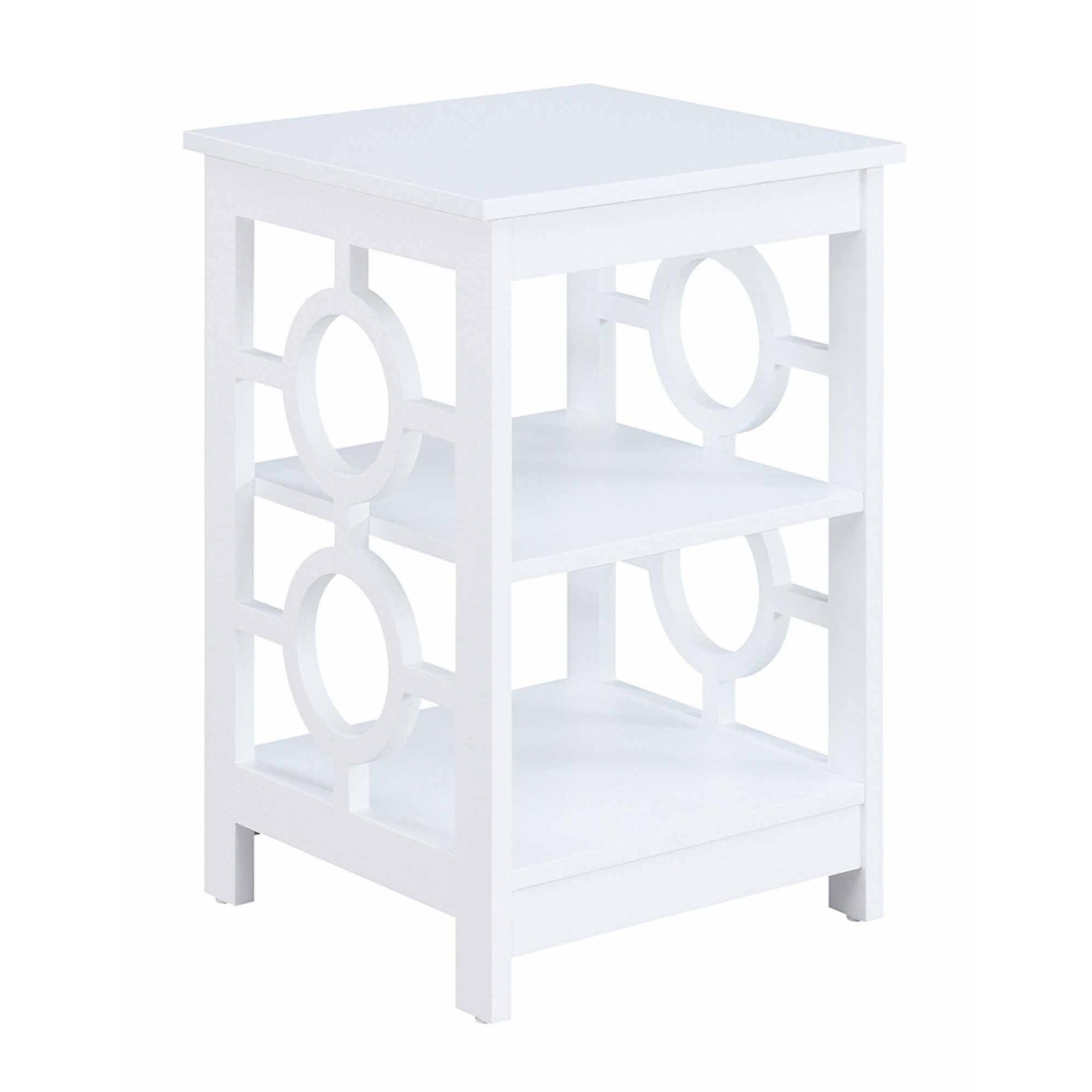 White Three-Tier Particle Board End Table with Circular Cutouts