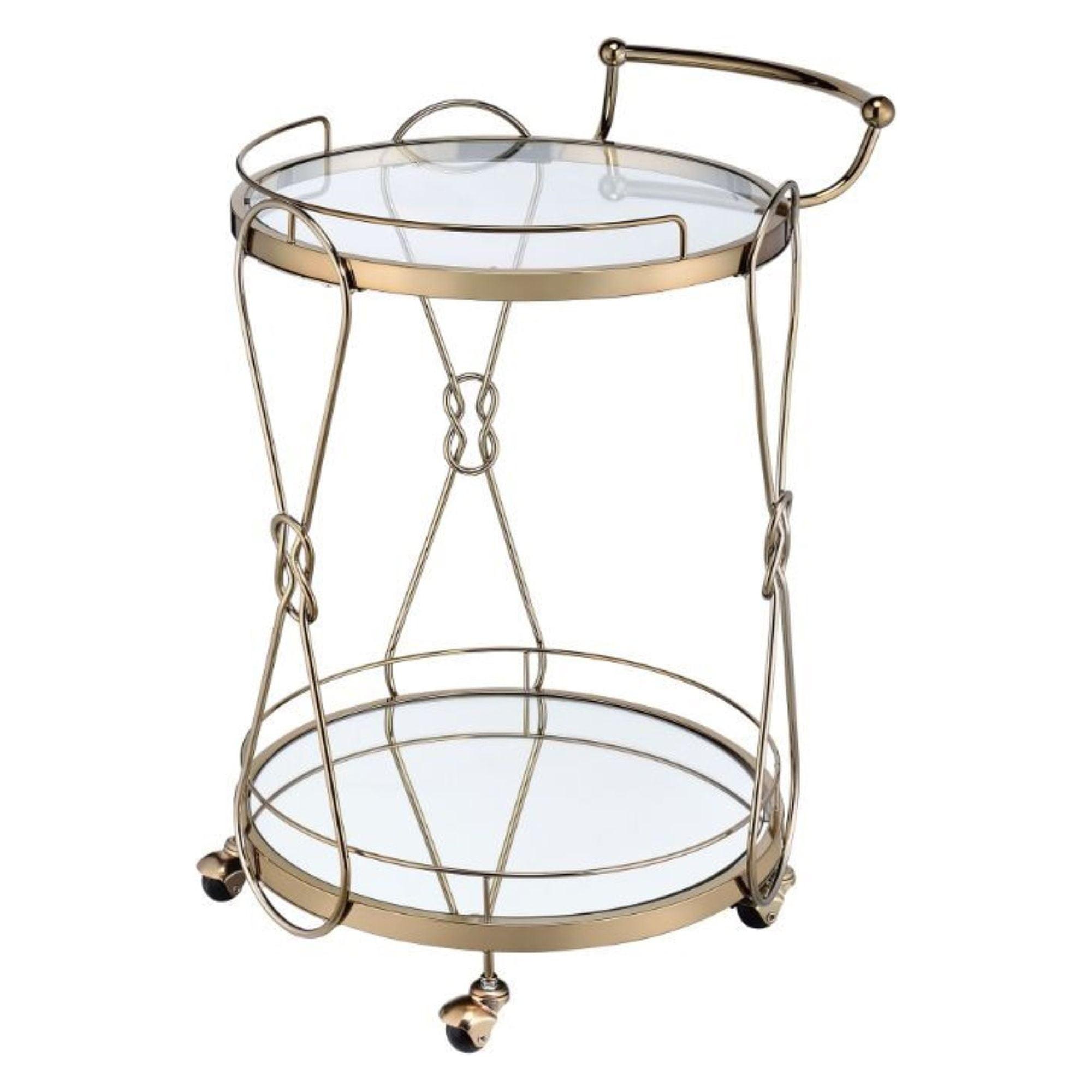 Chic Champagne Round Serving Cart with Glass Shelves and Locking Casters